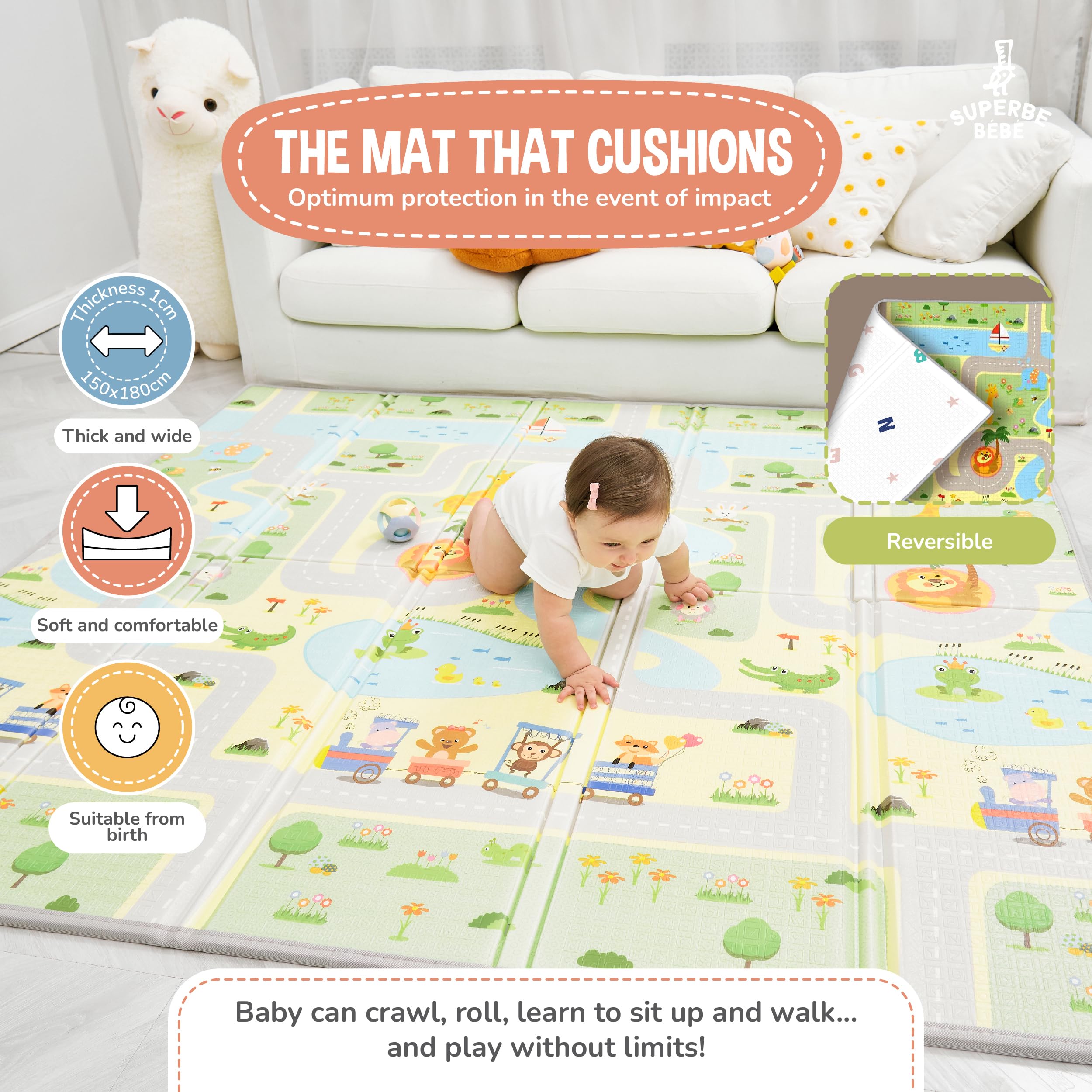 Tappeto Gioco Bambini Pieghevole 150x180x1cm Palestrina Neonato Montessori Reversibile Non Tossico E Impermeabile In Schiuma Per Bimbi. Palestra Neonati - Tappeto Tummy Time Neonati - Regalo Bambino