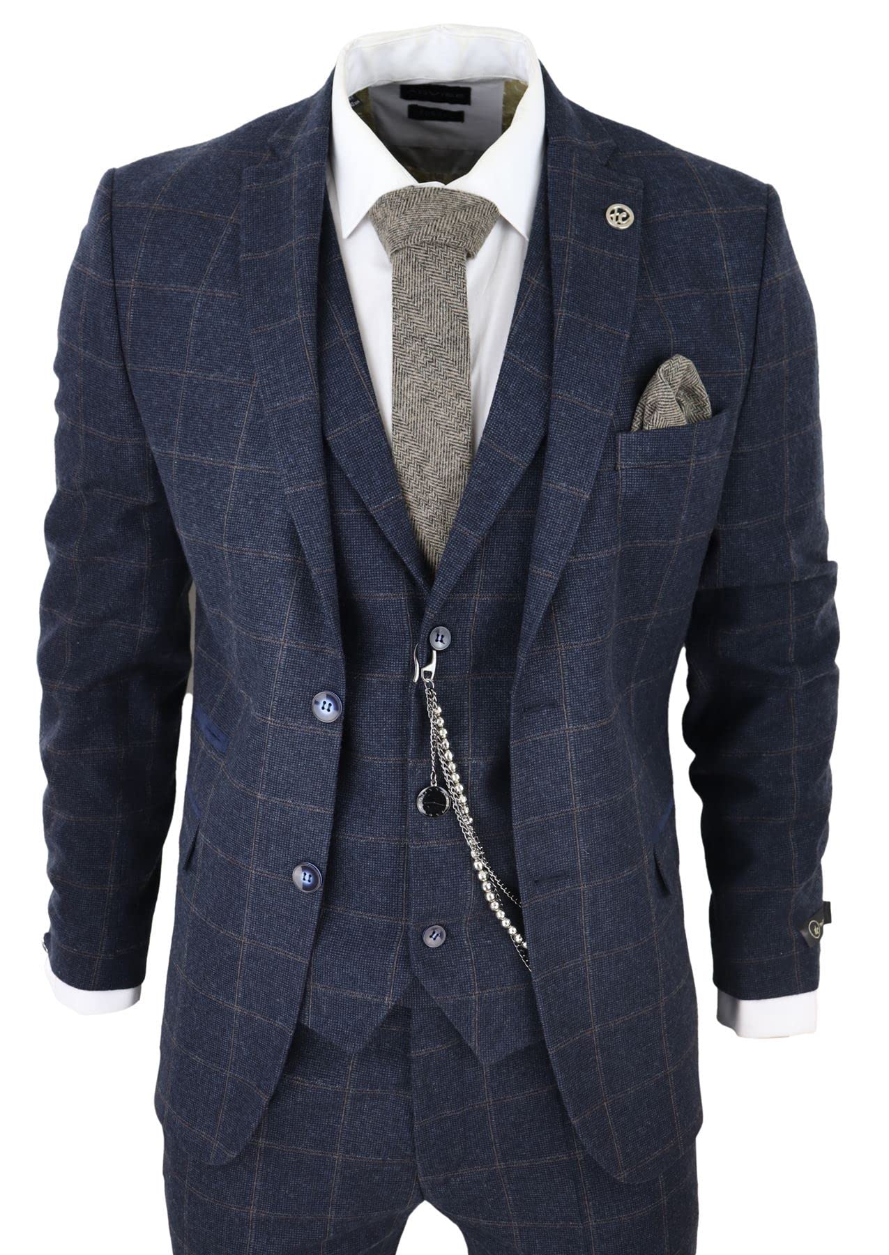 TruClothing.com Herren 3 Teilig Anzug Wolle Tweed Marineblau Braun Karo Formelle 1920s Gatsby