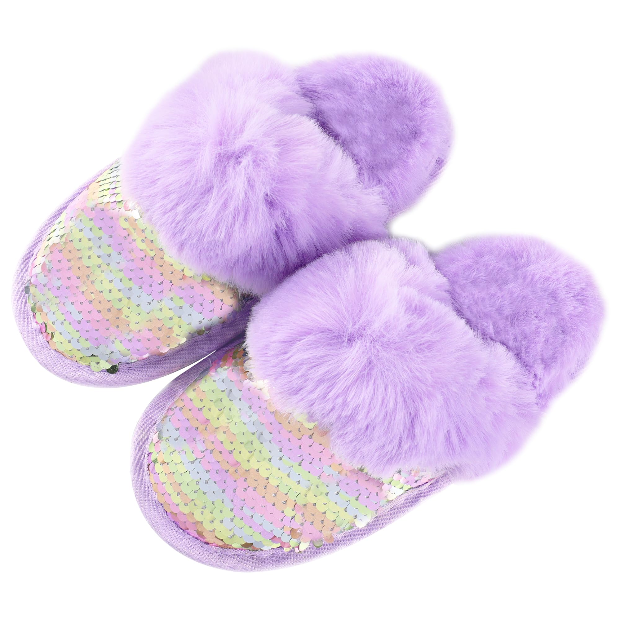 BESSIVIC Girls Sequin House Slippers, Cute Kids Faux Fur Fluffy Fuzzy Slippers Indoor Outdoor Memory Foam House Shoes for Little Girls