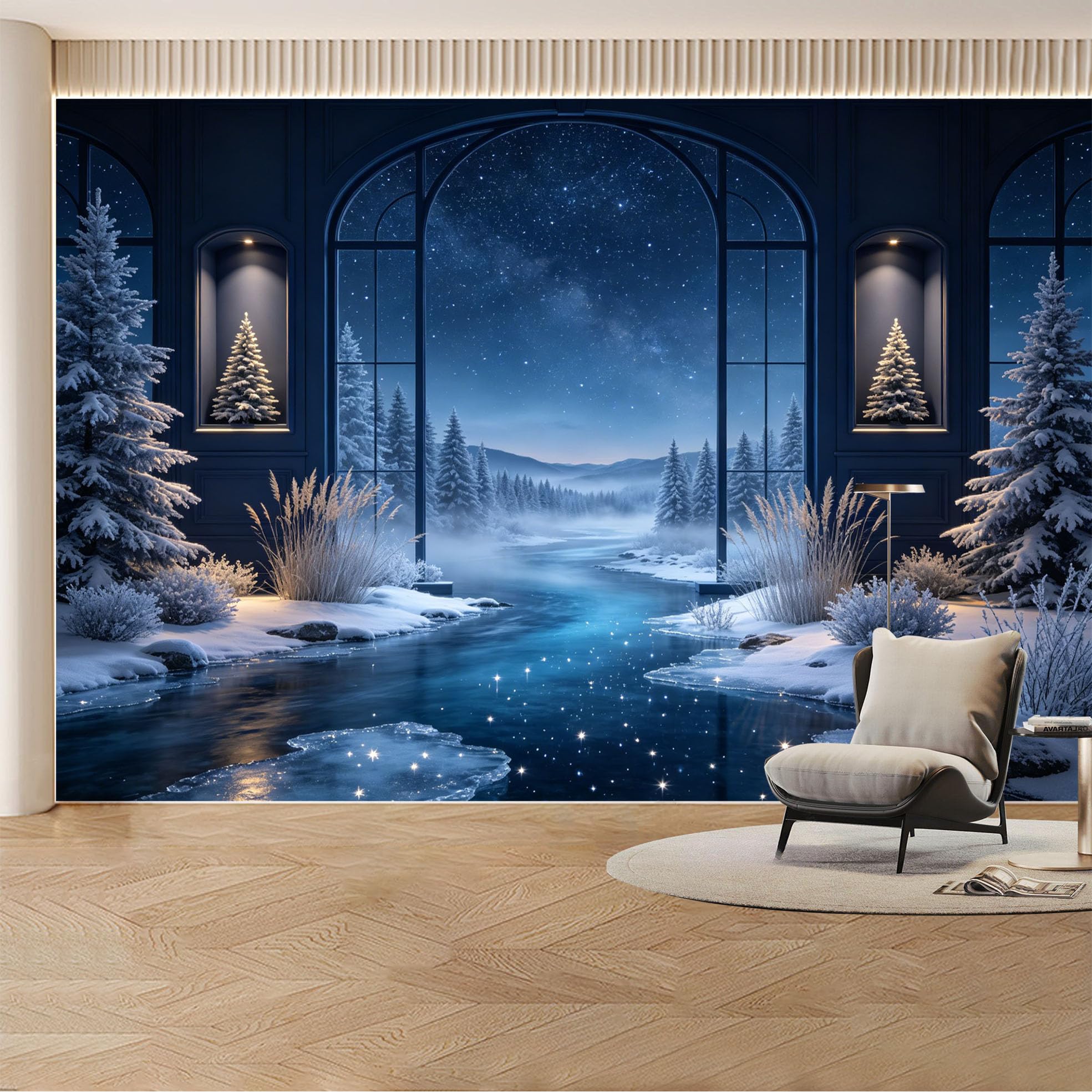 Custom Wall Mural Wallpaper Winter Forest River Landscape Nature Large Wall Art Wall Decor Nordic Misty Snowy Night Removable SelfAdhesive Large Photo for Living Room， Bedroom， Office