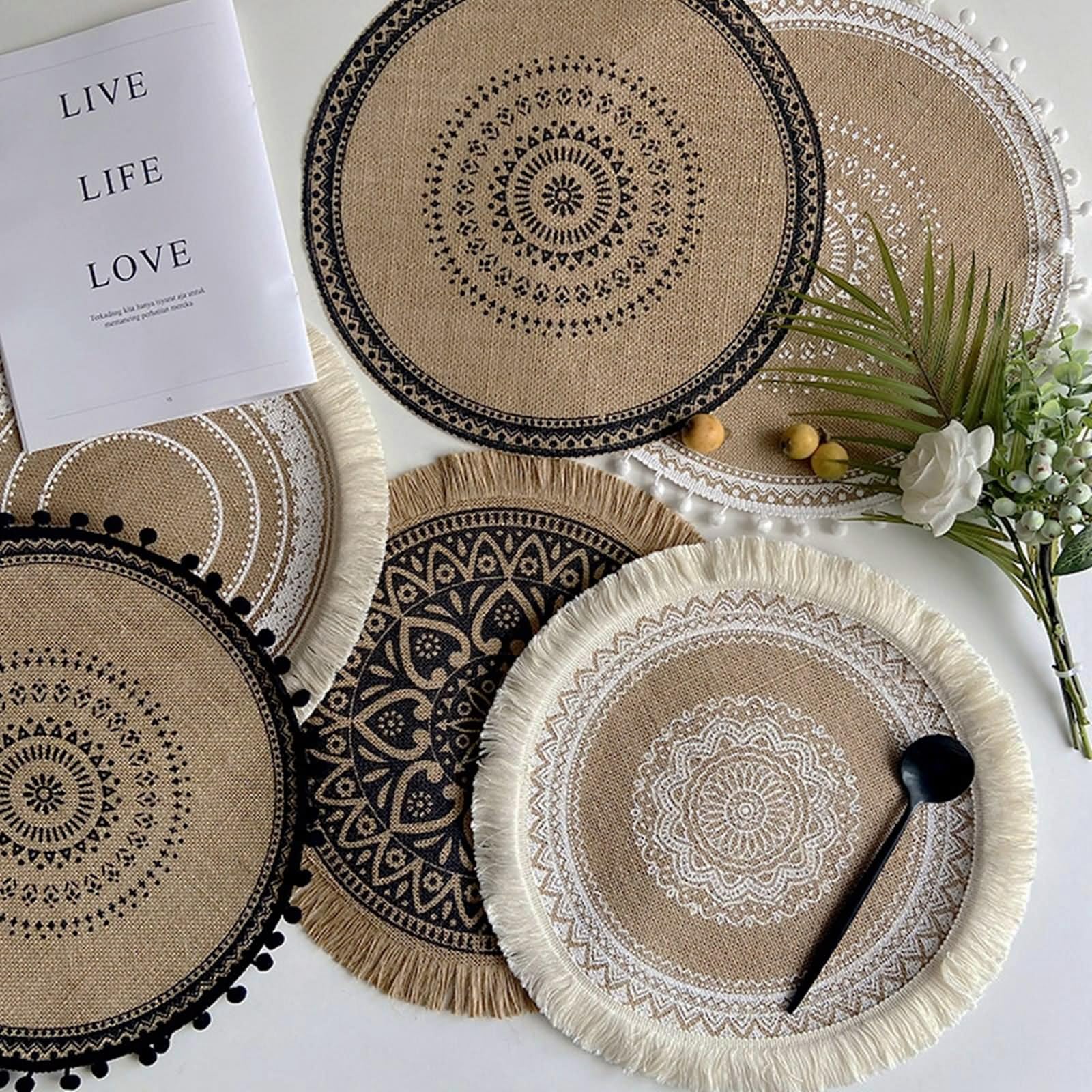 Juego de 6 manteles individuales de desayuno vintage, manteles individuales de desayuno de lino 38 cm motivo geométrico de ondas con bola beige, amarillo y negro