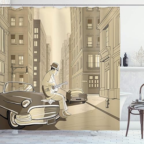 Ambesonne Cortina de ducha con música de jazz, ilustración de un guitarrista en una calle vieja de Nueva York, edificios de música, paisaje urbano,