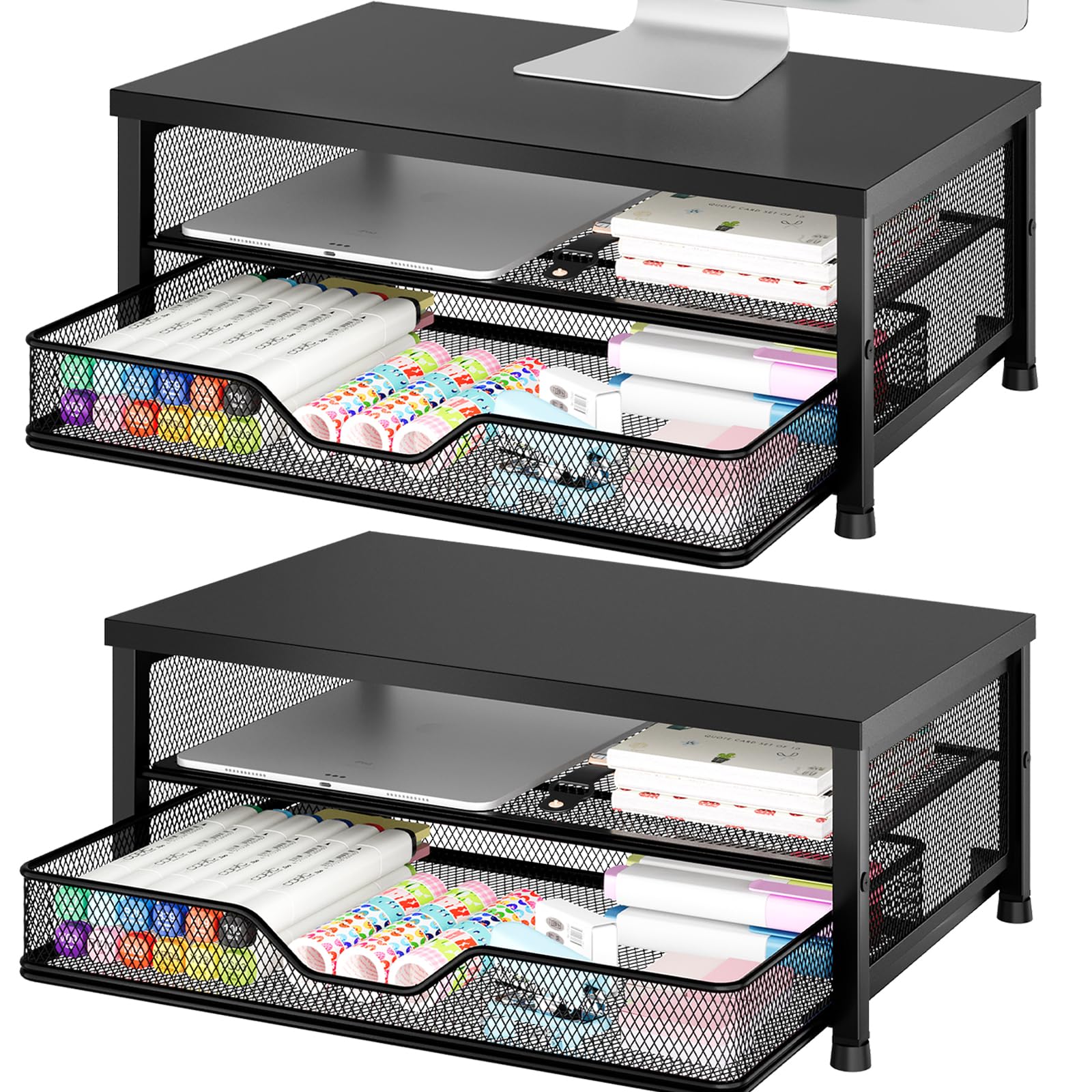 OPNICE Computer Monitor Stand Riser, Desk Organizer with Drawer, Printer &amp; Laptop Stand, Office Desk Accessories &amp; Workspace Desktop Organizers Storage for Office Supplies(Black 2-Pack)