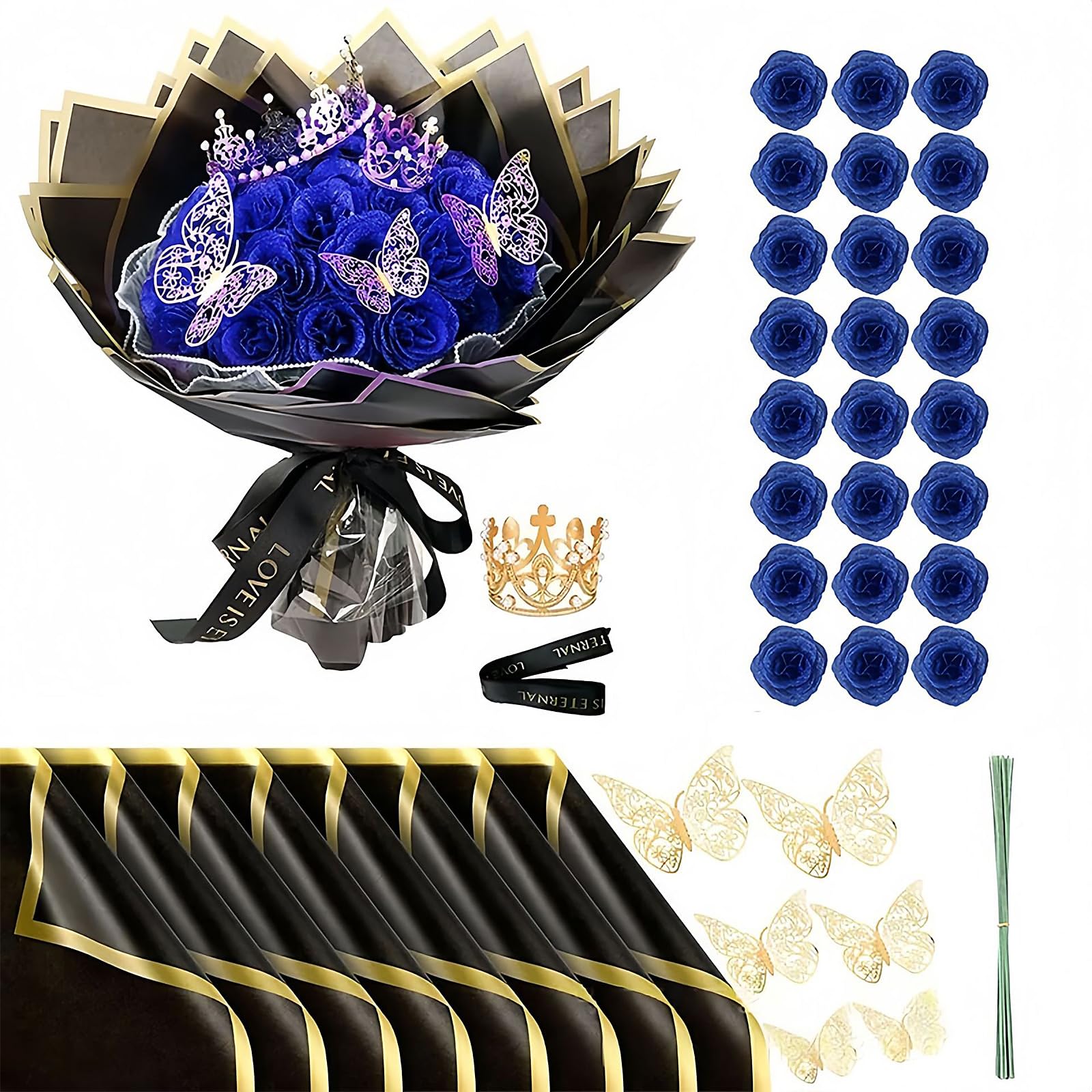 Liebesblume Glitzer Rosen Bouquet, 24 Stück Glitzer-Rosenstrauß | Künstliche Rosensträuße, DIY künstliche Glitzer-Blumensträuße mit Krone für Valentinstag, Hochzeit, Verlobung, Geburtstag