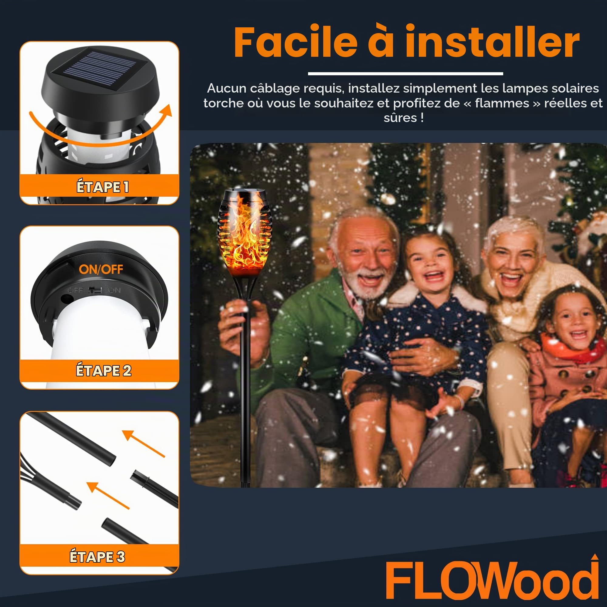 FLOWood Lot de 8 lampes solaires d'extérieur de 53 cm de haut - Flamme dansante vacillante - Étanche IP65 - Éclairage paysager - Marche/arrêt automatique - Pour jardin, terrasse, cour, allée, pelouse