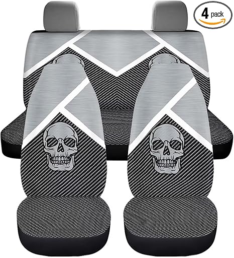 Auto Interior Seat Covers, Metal-Like Skull Print 4Pcs Car Seat Covers Full Set for Front&Rear Seats Universal Fit for Cars SUV Sedan Vans Trucks