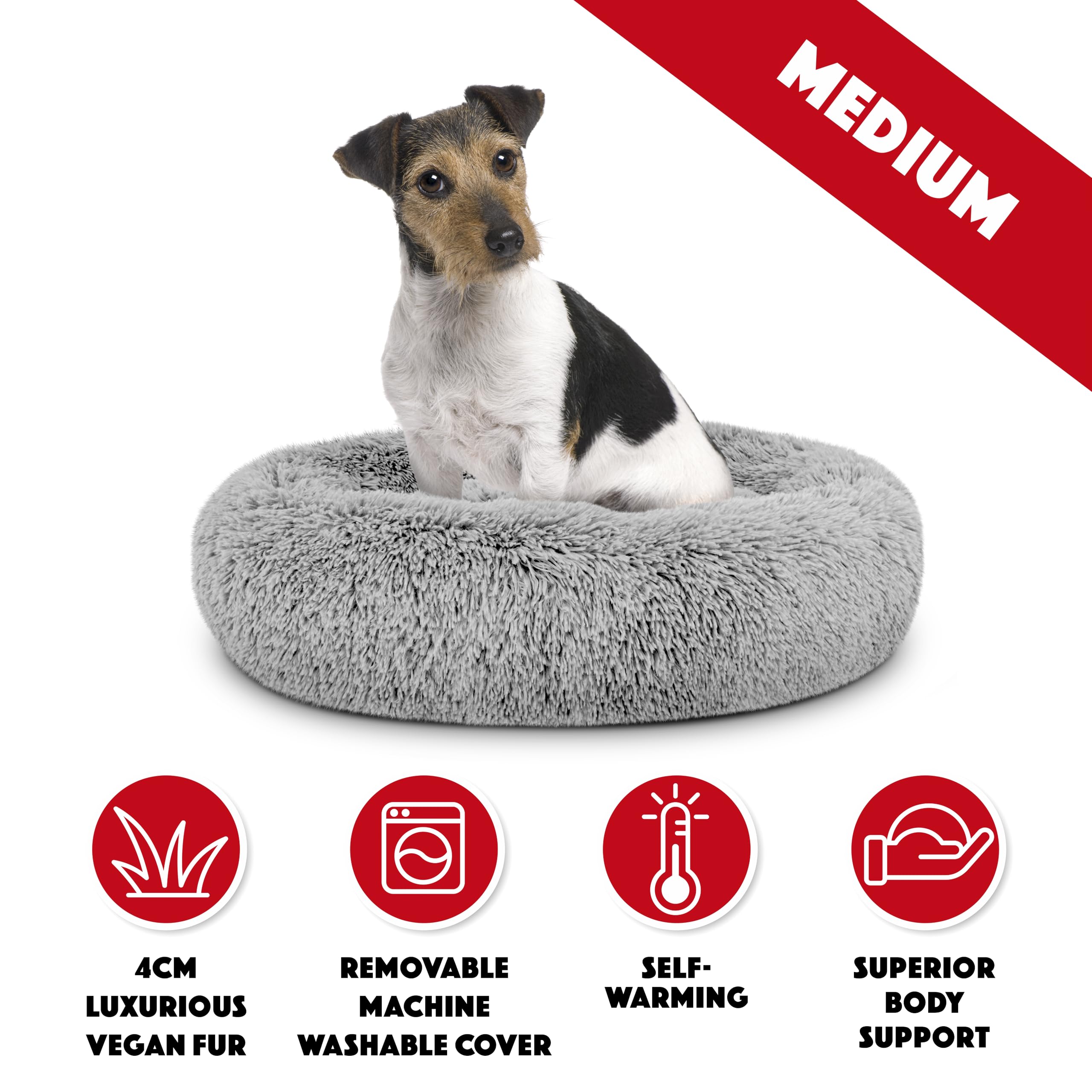The Dogs Bed Sound Sleep Donut Dog Bed, Med Silver Grey Plush Calming Nest Bed - Image 3
