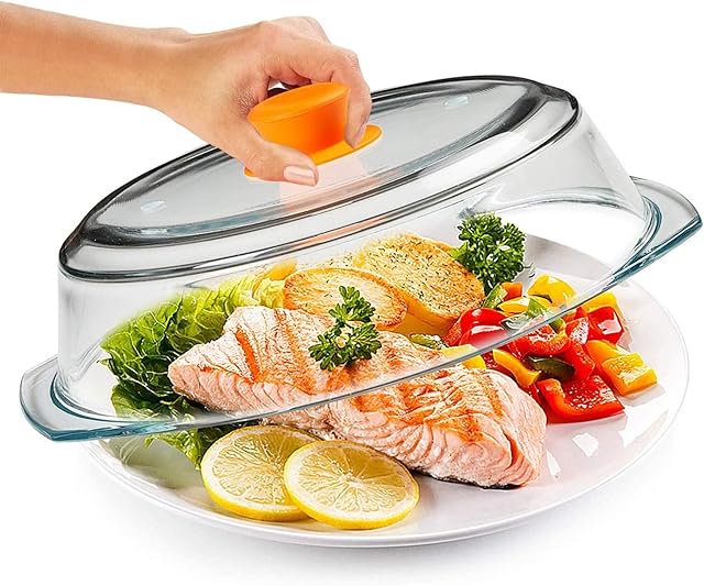 Bezrat Microwave Tall Glass Plate Cover For Food | Splatter Guard Lid with Easy Grip Silicone Handle Knob & Steam Vents | 100% Food Grade | BPA Free and Dishwasher Safe |10 x 3 Inch,Orange