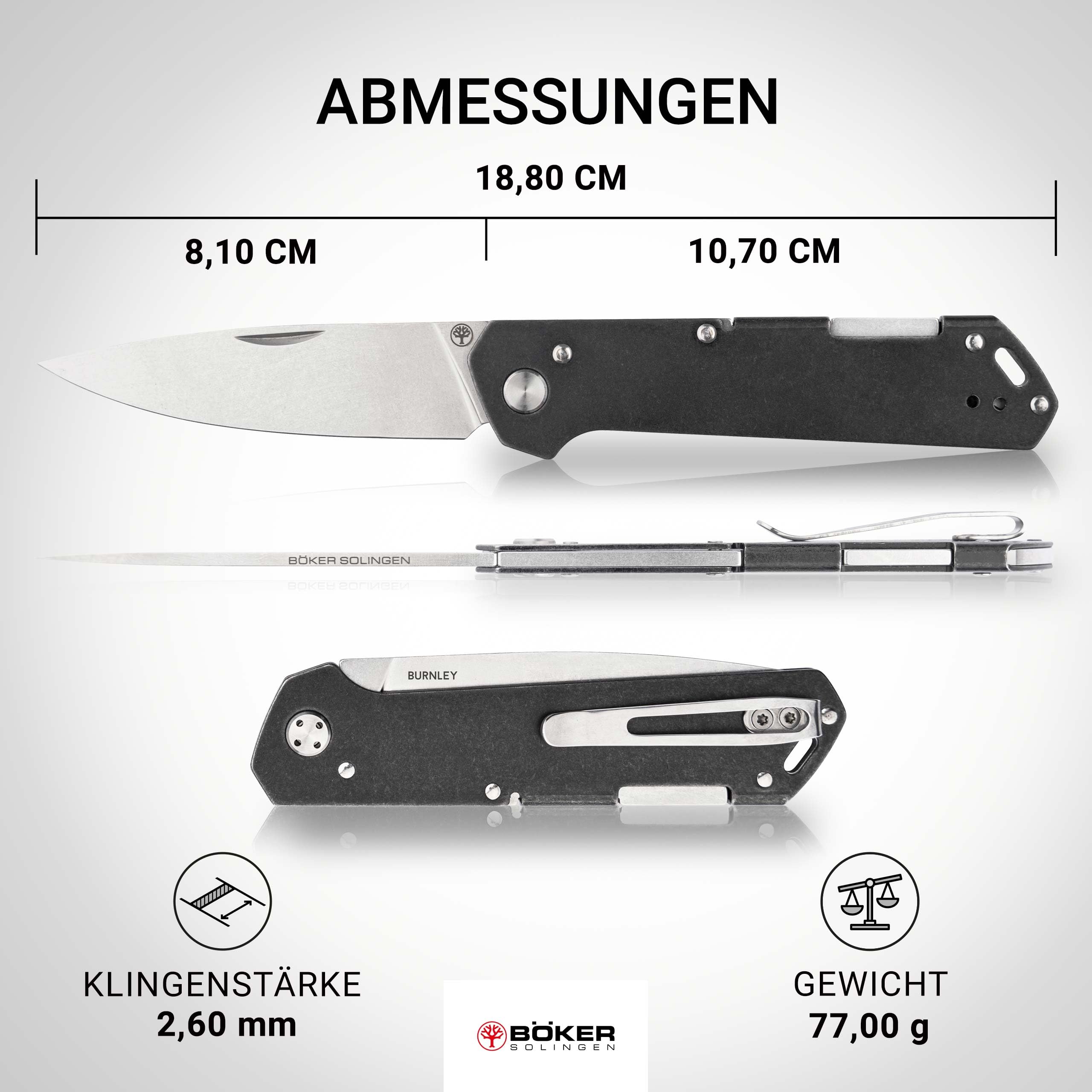 BÖKER SOLINGEN® Kihon Bifold 42a Klappmesser – Backlock Zweihand Messer mit Clip – EDC Taschenmesser mit 8,1 cm Droppoint MagnaCut Klinge – flaches Vollmetal Taschenmesser – Made in Germany