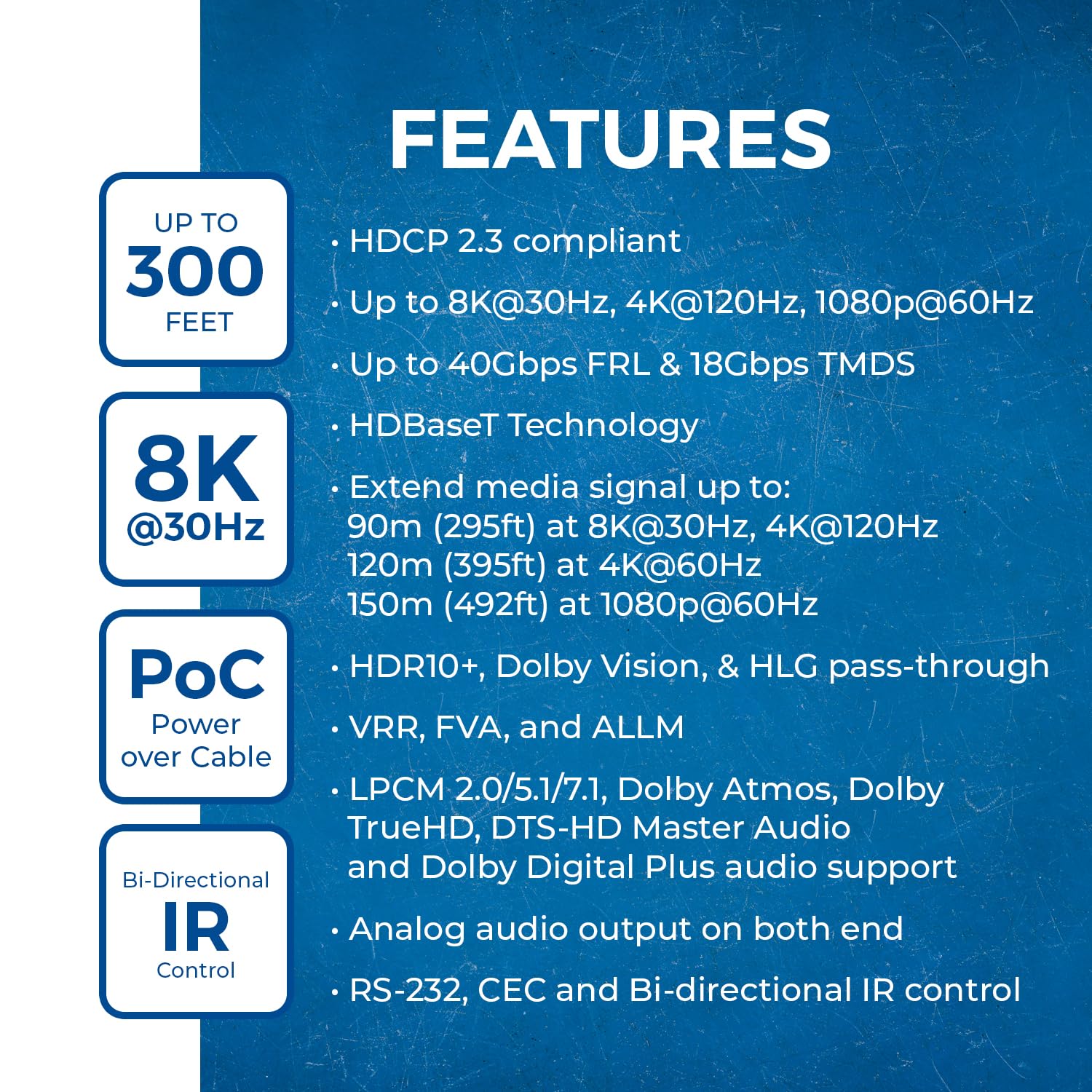 OREI Câble d'extension HDMI sur Ethernet 4K @ 120 Hz - HDBaseT UltraHD 8K @ 30 Hz CAT6/7 - Contrôle HDR, CEC et IR, RS-232 - 120 m avec câble d'alimentation et sortie