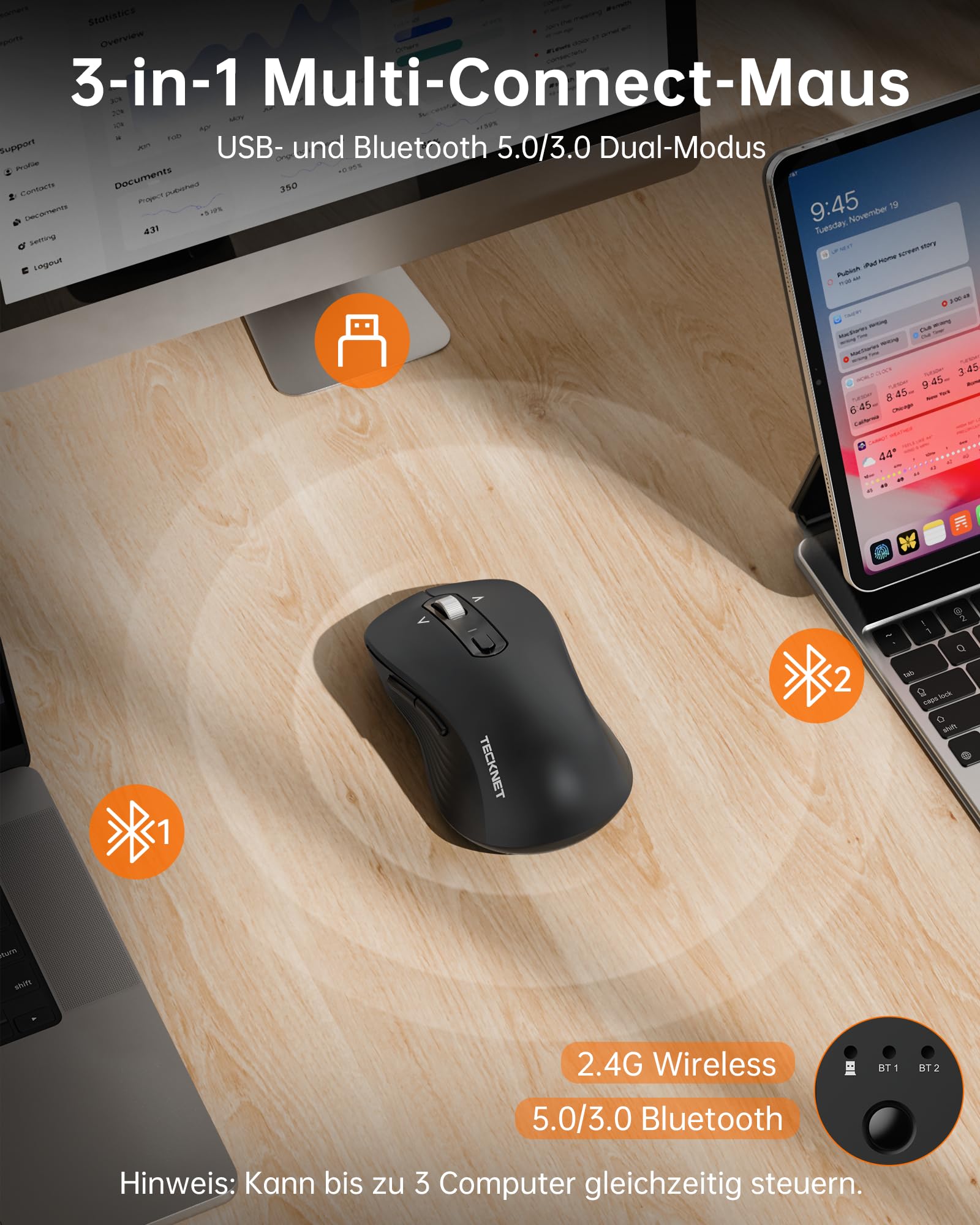 TECKNET Ratón Bluetooth inalámbrico (BT 5.0/3.0 + 2.4G), rueda de desplazamiento de 4 vías, ratón inalámbrico silencioso con receptor USB-A, ratón inalámbrico de 4800 DPI, ratón ergonómico para