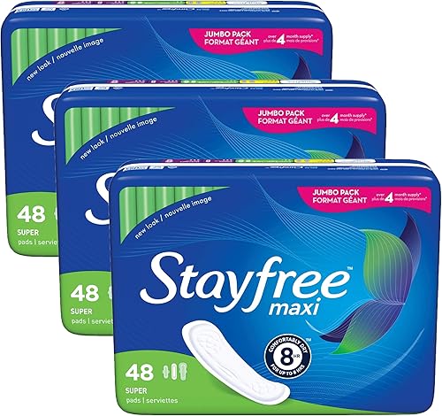 Stayfree Maxi Super Long Wingless - Almohadillas de protección y absorción fiables para mujeres, 48 unidades (paquete de 3)