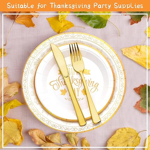 Miniatura 5 de Juego de vajilla desechable de 280 piezas de Acción de Gracias, incluye platos de papel, vasos, servilletas, tenedores de plástico, cuchillos,