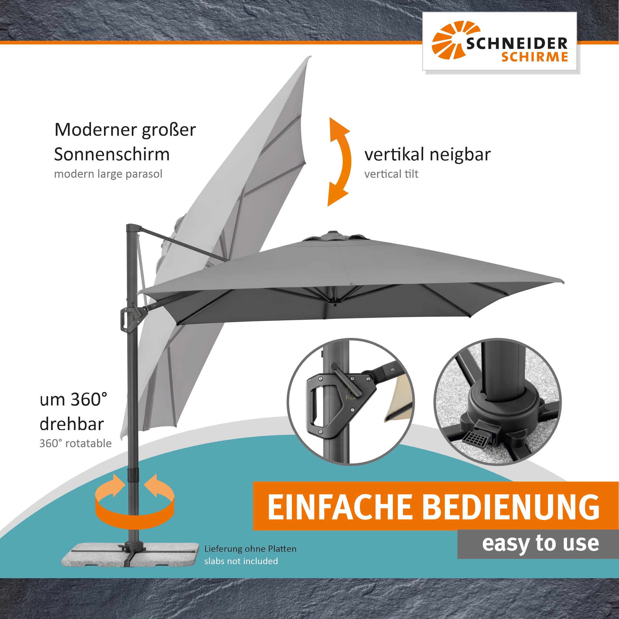 Schneider Ampelschirm TAVO 400 x 300 cm – UV-Schutz, 360° drehbar, neigbar, air-vent, lichtecht, inkl. Plattenständer & Schutzhülle – anthrazit/natur