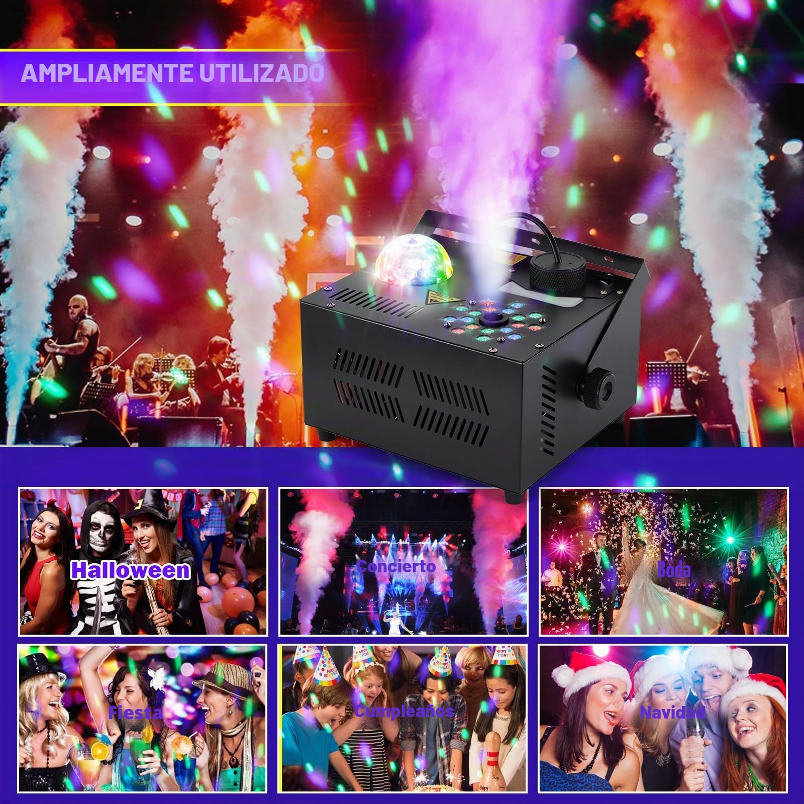 HAKUTA Máquina de Humo Vertical 1000W con 18 LED y Bola de Espejos | Efectos LED 12 Colores + 4 Modos Dinámicos, Niebla Vertical 2300 CFM, para Halloween, Navidad, Bodas, DJ, Discotecas