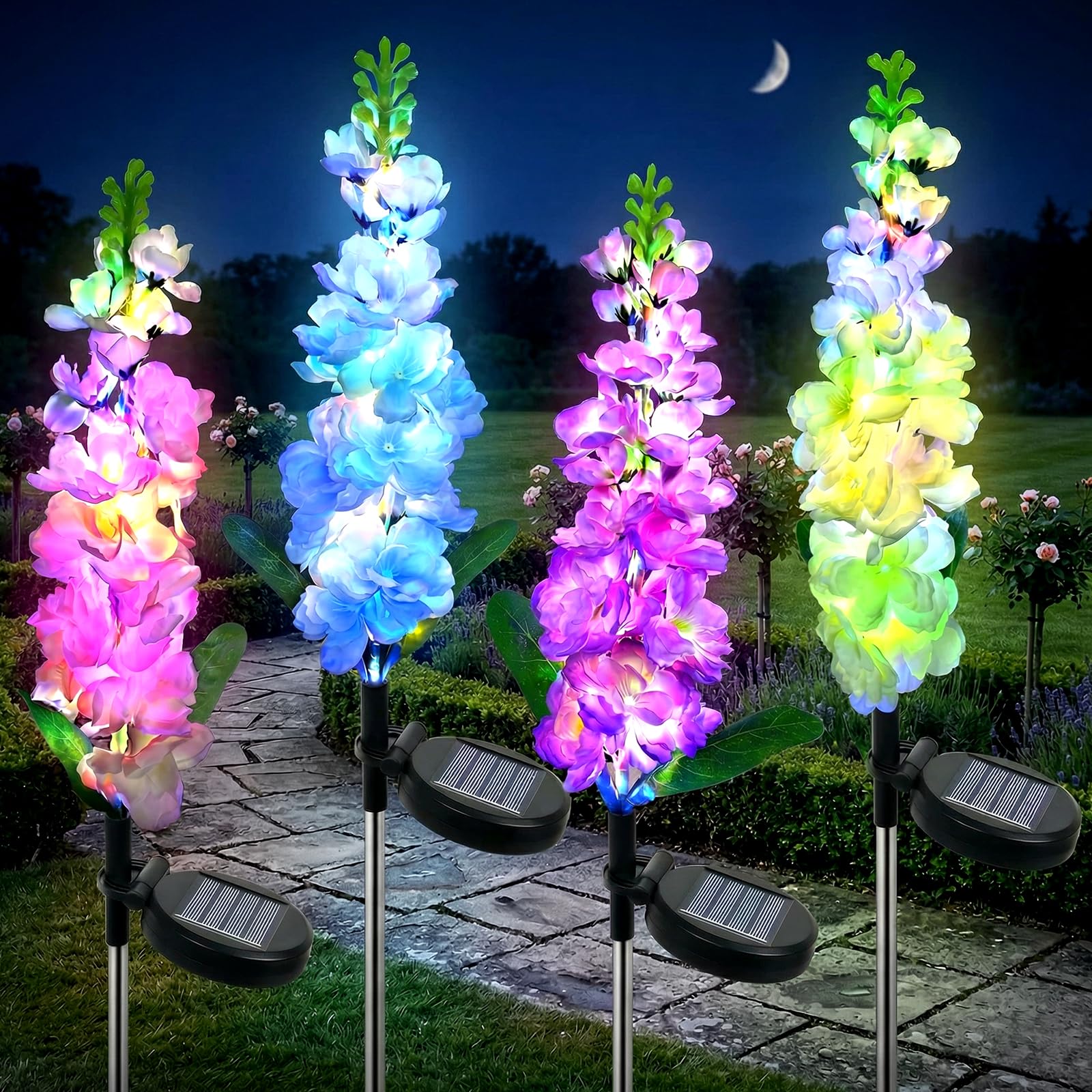Ninonly Solar Flower Lights Outdoor Garden, 4 Pack Violet Flowers Lights with Multicolor LED, 2 Modes Solar Powered Pathway Light, Waterproof Garden Ornaments for Patio Lawn Decor