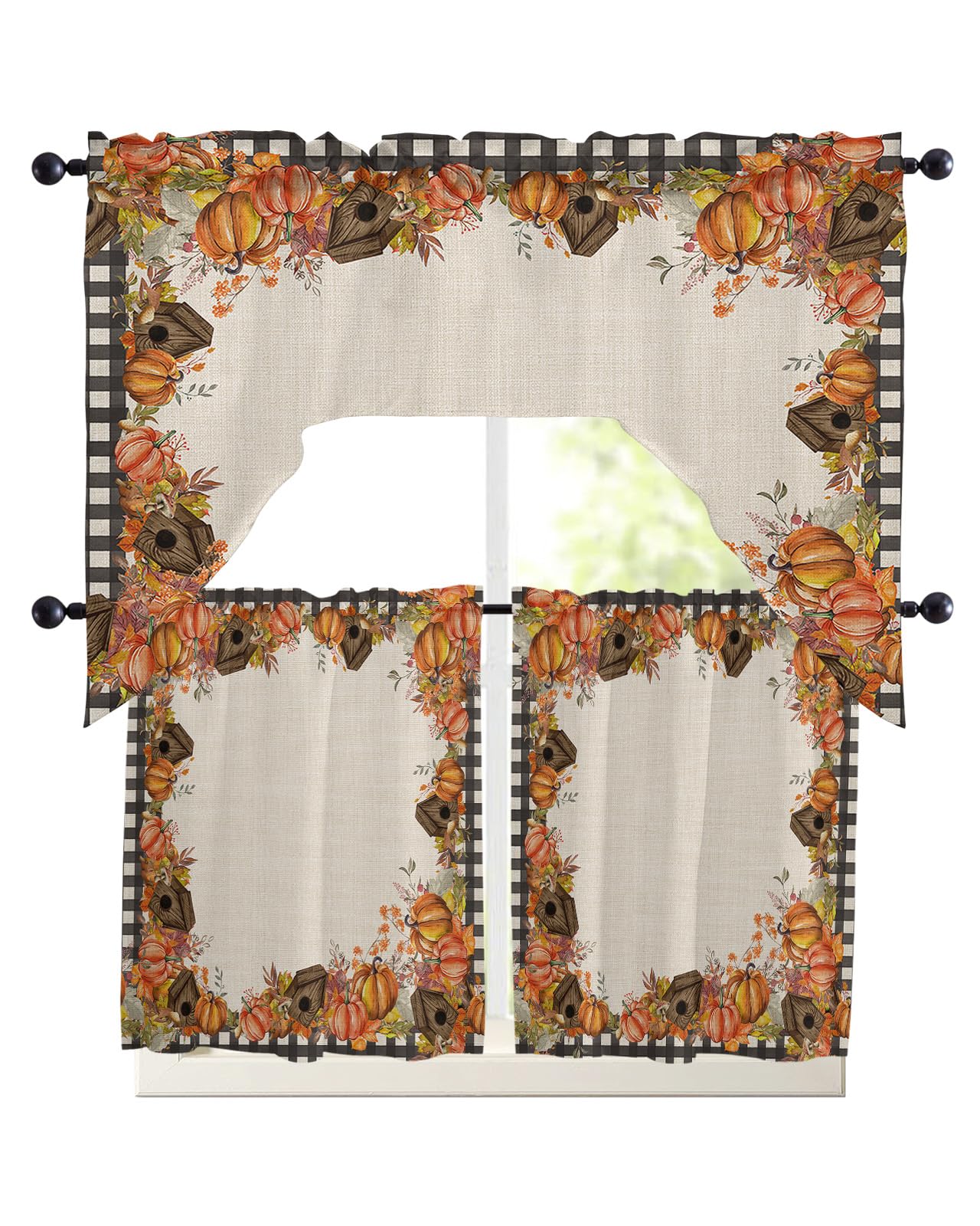 Thanksgiving Autumn Swag Kitchen Curtain Sets with Valance,3 Pieces Rod Pocket Curtain Drapes for Bedroom Living Room Bathroom Windows,Farmhouse Pumpkin Mushroom Leaves 56''x36'' & 24''x27.5''x2Panels
