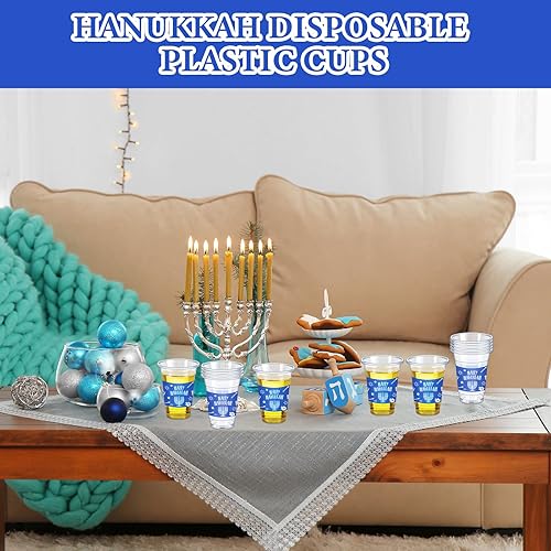 Miniatura 6 de Sliner 200 vasos desechables de plástico de Hanukkah de 16 onzas, vasos desechables azules de Hanukkah, vasos desechables para bebidas, helado,