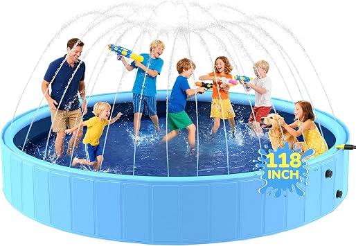 118 Foldable Dog Pool, Jumbo Sprinkler Pools for Kids, Non-Slip Heavy Duty Dogs Pool for Large Dogs, Hard Plastic Kiddie Bathtubs for Backyard10ft