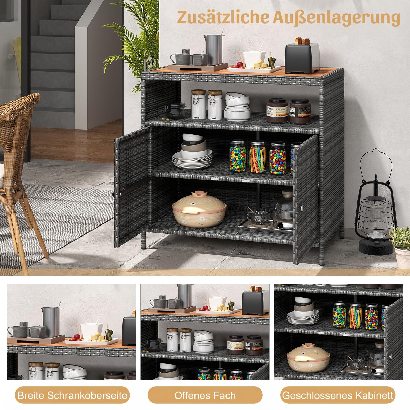 COSTWAY Gartenschrank Rattan Terrassenschrank Akazienholz-Arbeitsplatte Doppeltür Outdoor Aufbewahrungsschrank 90x53x86 cm Grau