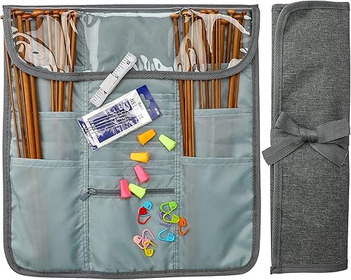 Miniatura 1 de LOOEN - Kits de tejer, juego de agujas de suéter de bambú rectas de un solo punto con fabricantes de puntadas de bloqueo, agujas romas de ojo