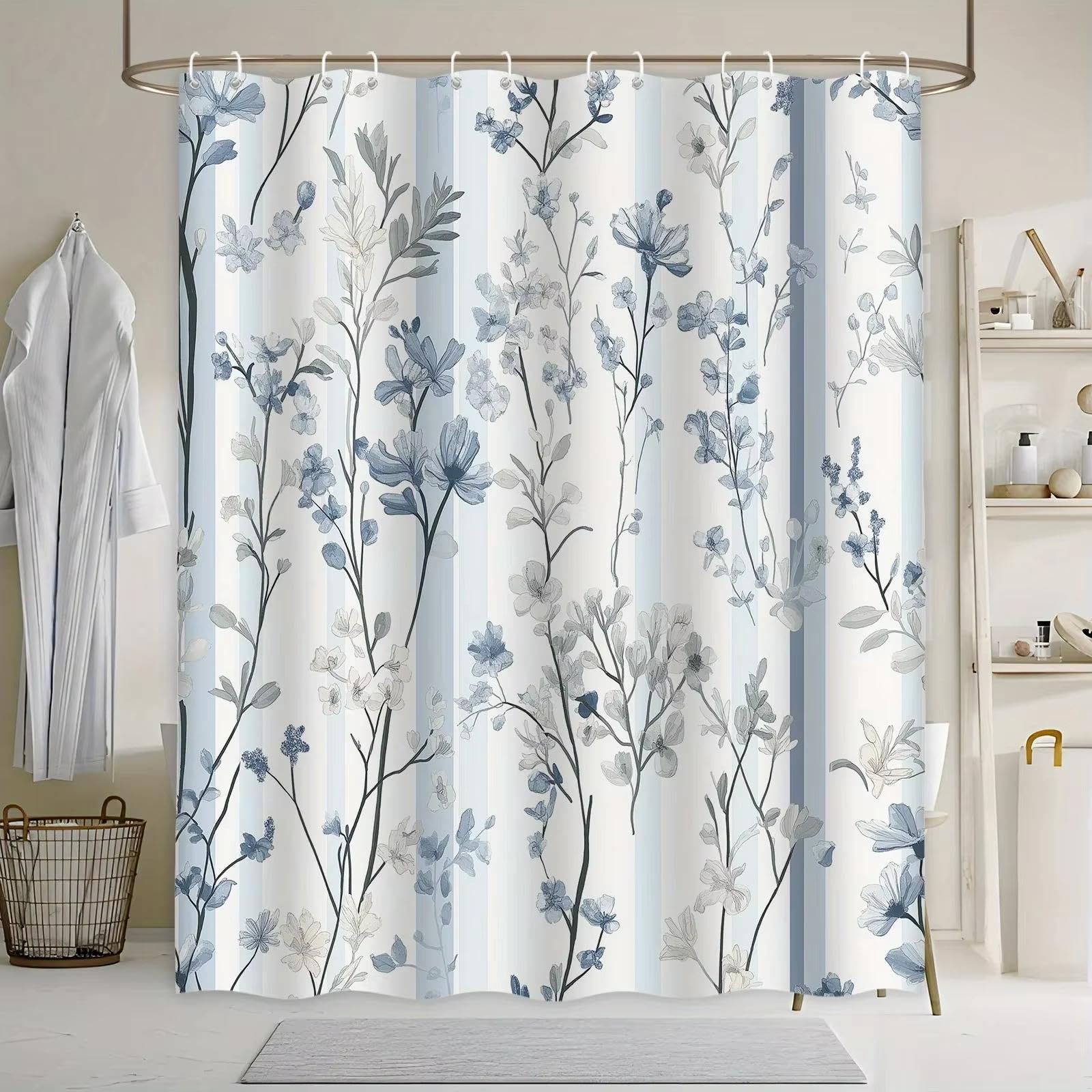Ajalgz Bathroom Shower Curtian Watercolor Floral Shower Curtain Teal Floralwaterproof Bathroom Curtain Gray Botanical Baht Decor 130X200cm Anti-Mold-Shower-Curtain