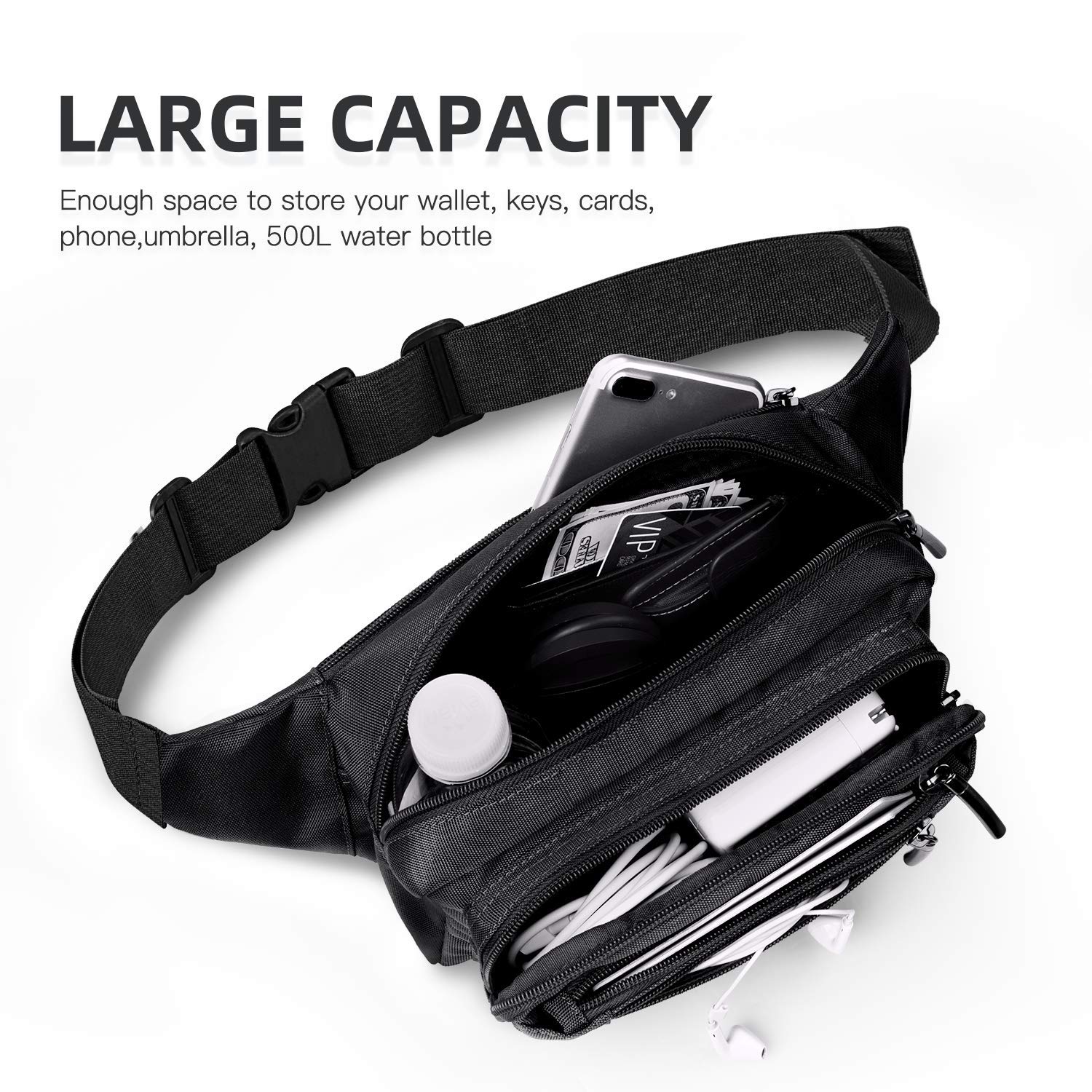 FREETOO Marsupio con 5 Tasche Marsupio Bum Bag cintura regolabile singola spalla per escursionismo casuale bicicletta nera Nero (Nero)