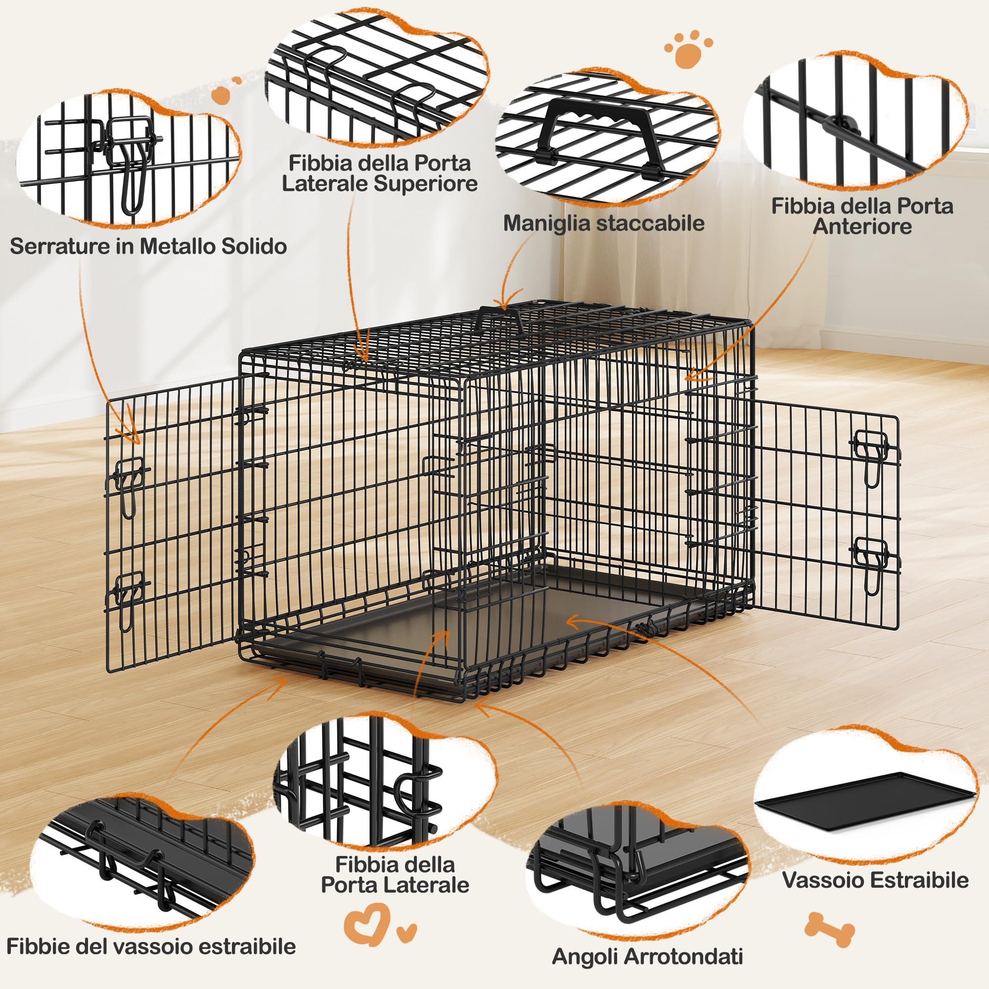 Yaheetech Gabbia per Cani Gatti Kennel in Metallo Cuccioli Pieghevole con Vassoio Rimovibile Doppia Porta e Divisorio Regolabile 107 × 60 × 66 cm Nero