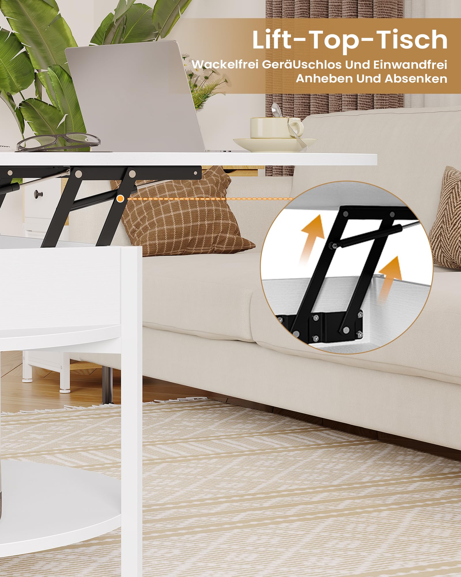 Couchtisch Rund mit Hebeplatte, Couchtisch Höhenverstellbarer, Beistelltisch, Wohnzimmertisch mit Verstecktem Stauraum, Offenem Fach, Metallrahmen, für Wohnzimmer, Büro, 70 x 70 x 50 cm, Weiß