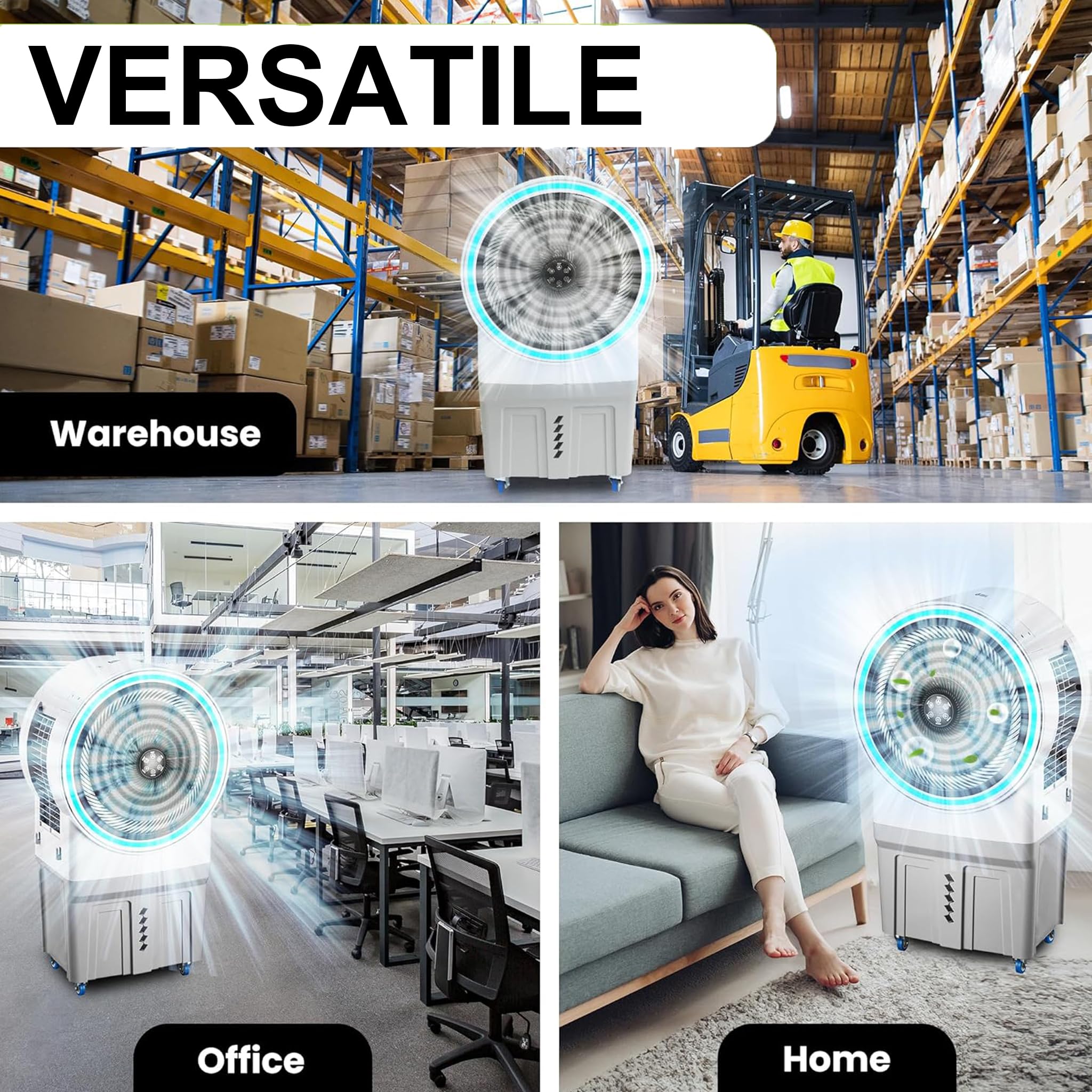 Ventilatore Raffrescatore d’Aria Evaporativo 150W – Tanica 50L con Collegamento Diretto Acqua, LED RGB, Timer e Telecomando, Ideale per Capannoni, Ristoranti, Eventi