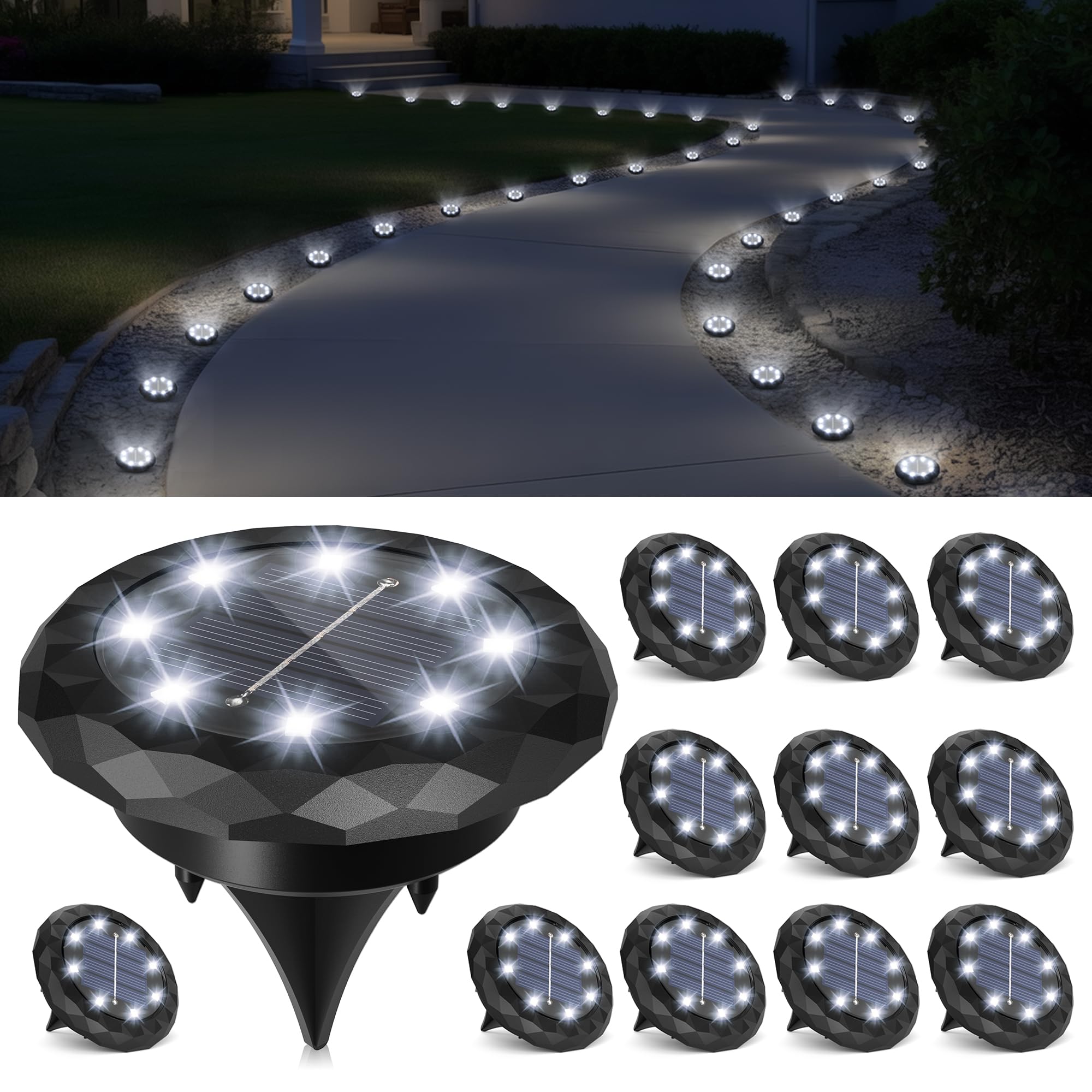Solpex 12 Stück Solarlampen für Außen Garten, 8 LED Solar Bodenleuchten Aussen, IP65 Wasserdicht Gartenbeleuchtung, Terrassenbeleuchtung für Weg, Einfahrt, Pool, Garten, Hof (Weiß)