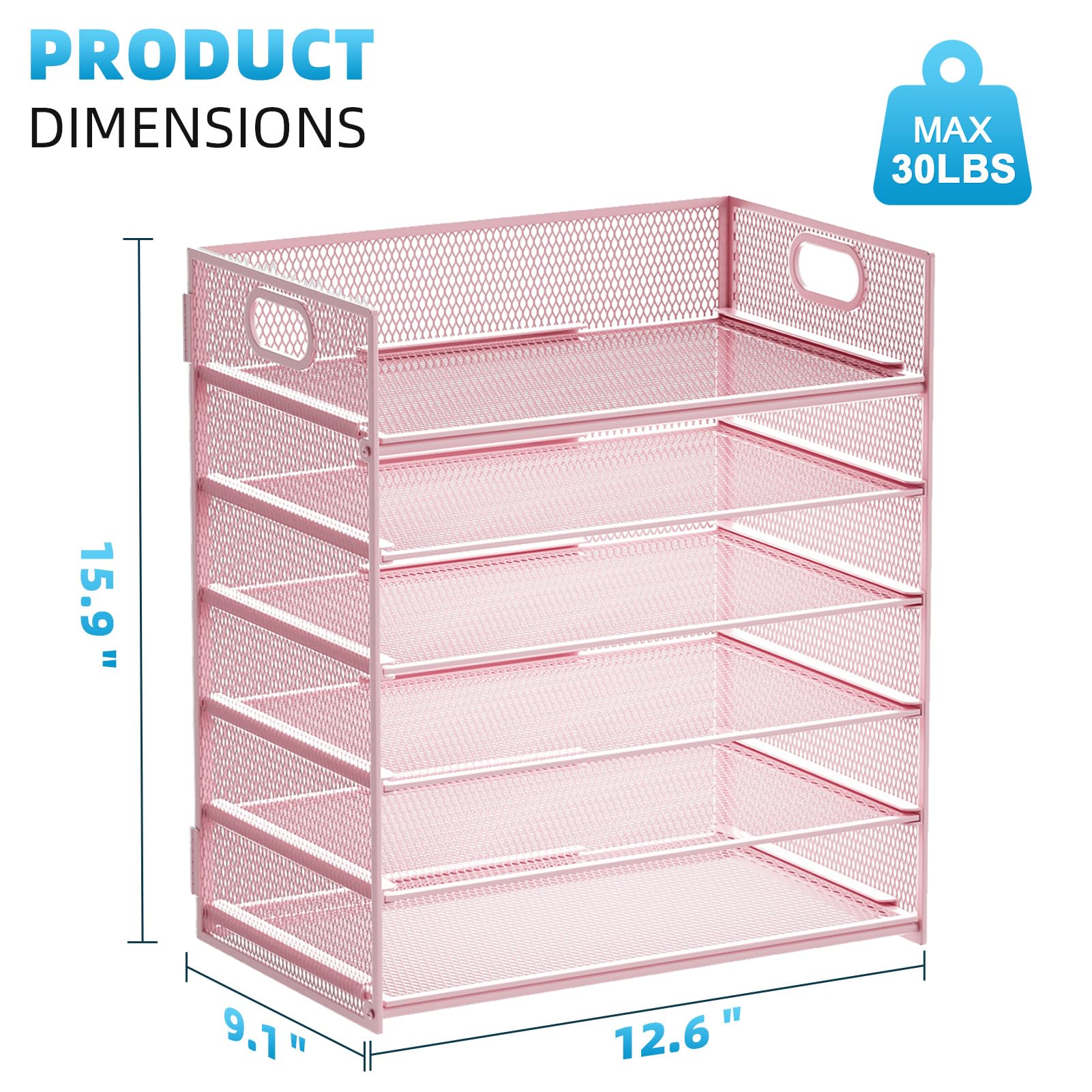 Marbrasse 6 Tier Paper Organizer Letter Tray - Mesh Desk File Organizer with Handle, Paper Sorter Organizer for Letter/A4 Office File Folder Holder - Pink…