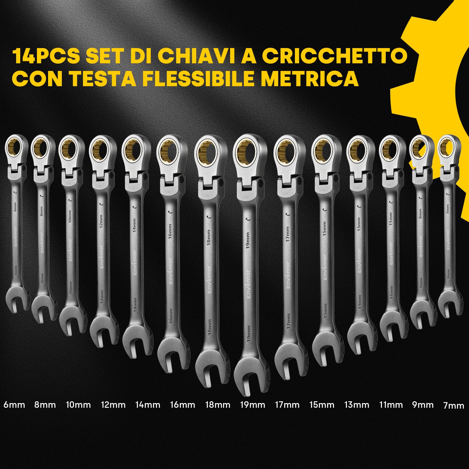Enventor Set Chiavi a Cricchetto 14pcs, Flessibile Chiave a Cricchetto da Metrico 6mm-19mm, Acciaio al Cromo Vanadio, Nichelato Nero, 90T, Testa Rotante a 180°, Arco di Rotazione a 4°, Cassetta