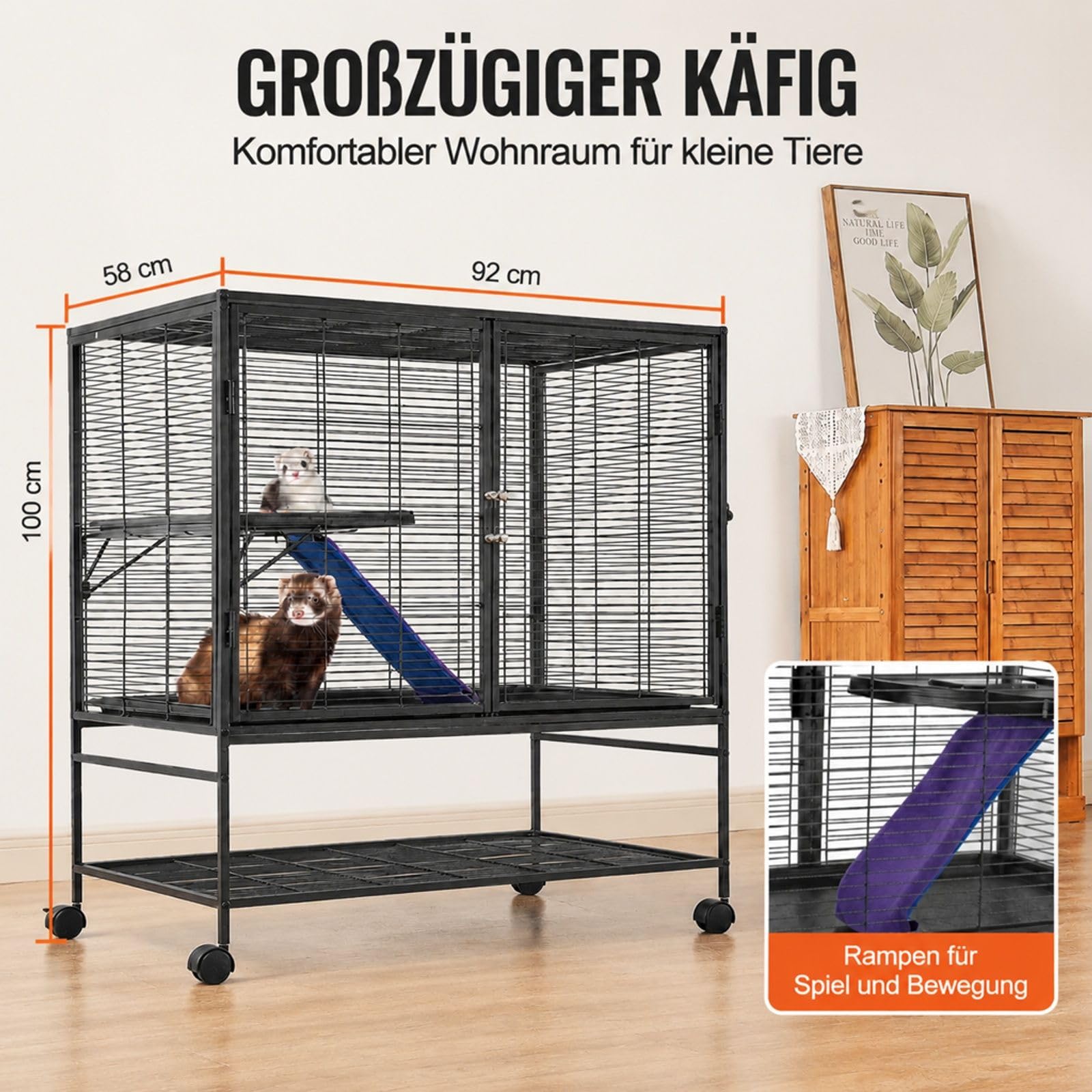 Frettchenkäfig 2-stöckig mit Tablett und Rampe für Kleintiere