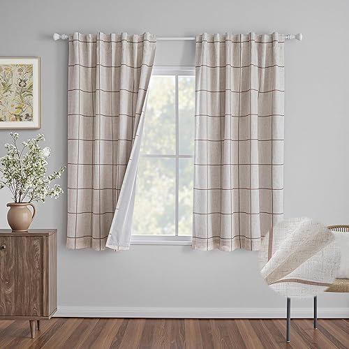 Vista 29 de MYSKY HOME Cortinas de Lino de Granja a Cuadros 100% Opacas de 84 Pulgadas de Largo para Sala de Estar, Cortinas de Doble Capa