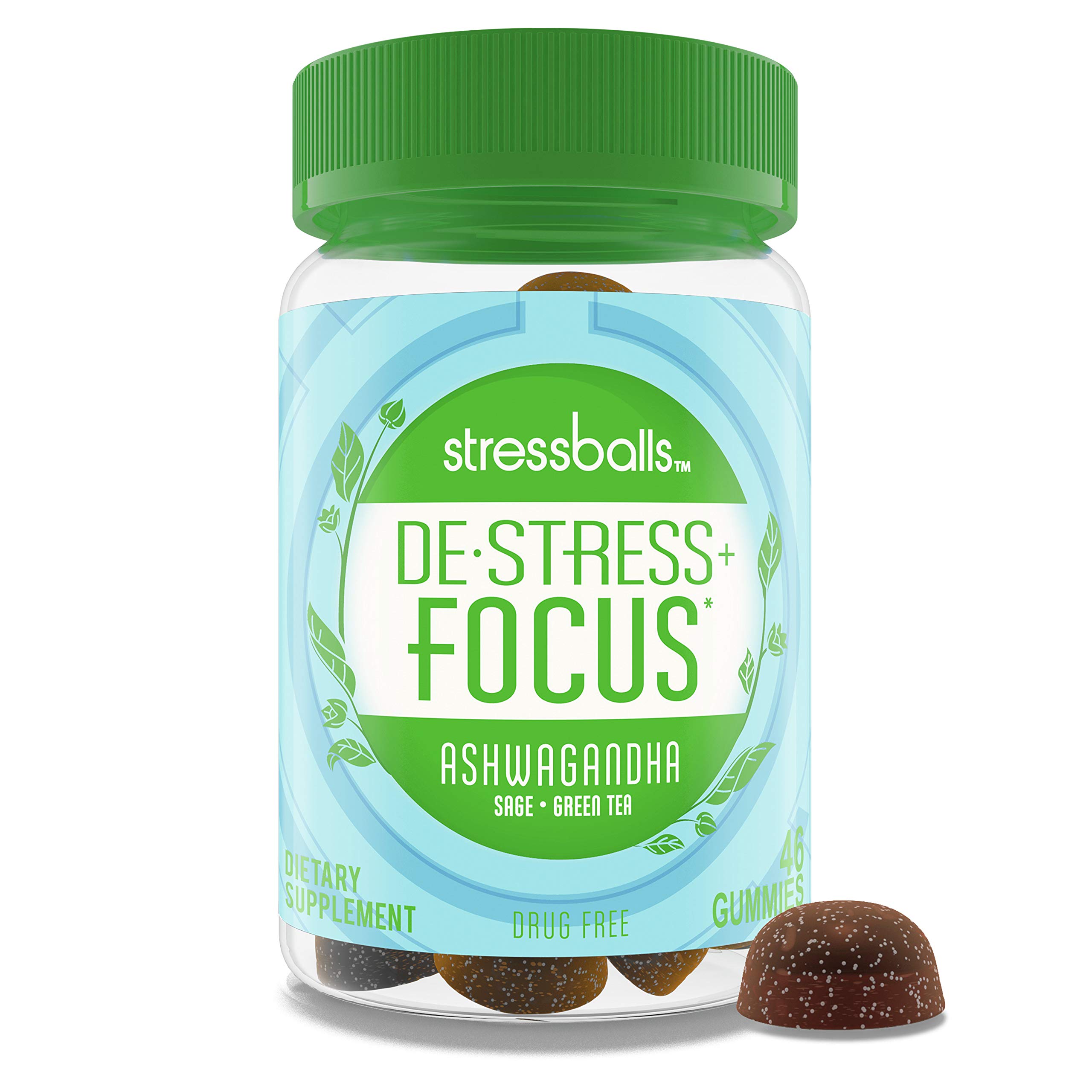 Photo 1 of Stressballs, De-Stress + Focus, with Ashwagandha for Stress Relief, Sage & Green Tea Herbal Blend, Non-Drowsy Supplement, 46 Gummies