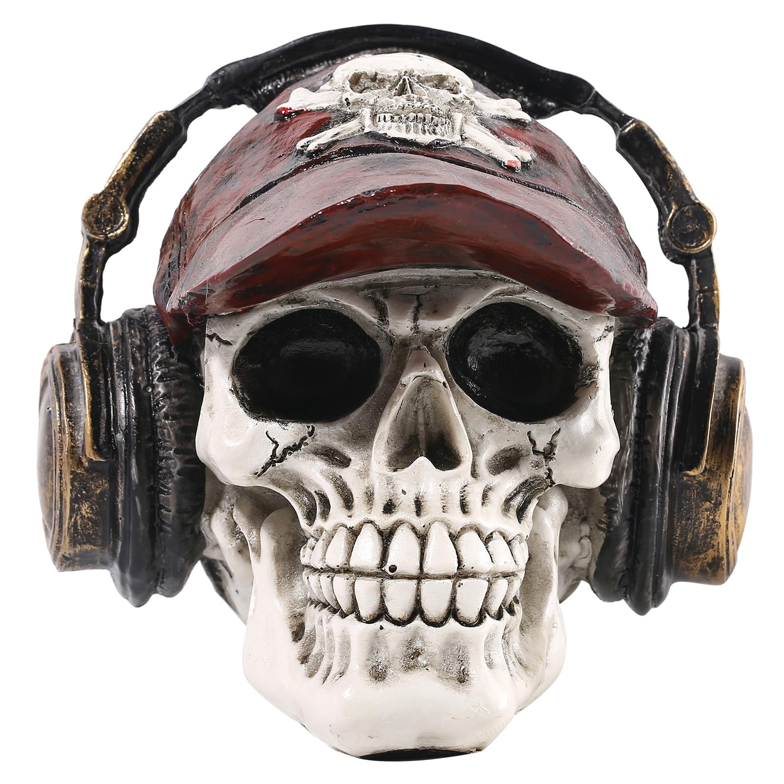 Resin Skull Head Ornament with Red Hat and Headphones - 5 Inch Height - Unique Decorative Figure for Home or Office Idea