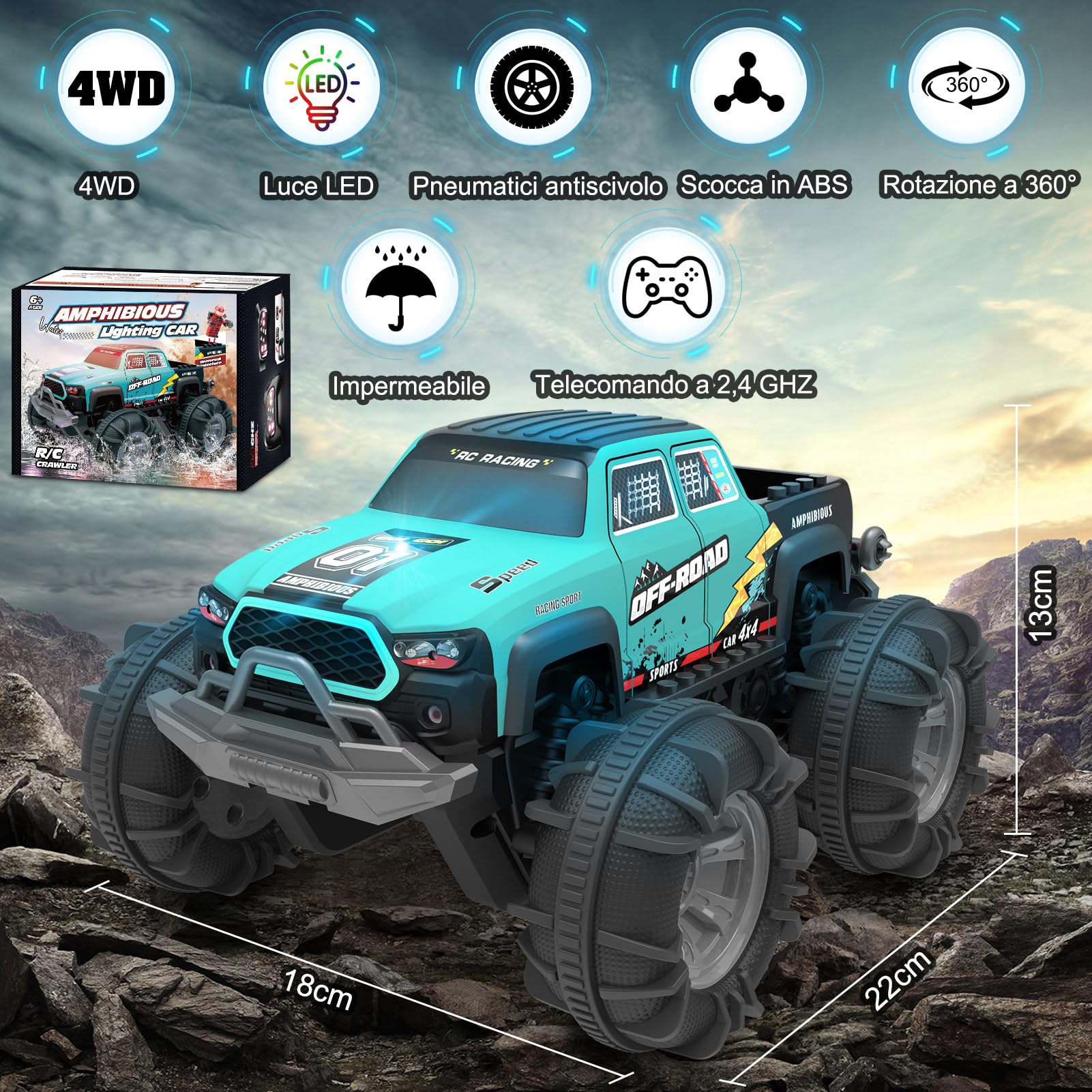 SIVQIKE Auto RC Anfibio 4WD Telecomandata – Macchina Stunt Offroad con Sensore Gesti, Luci LED, 2 Batterie, Giocattolo Impermeabile 4-12 Anni, per Sabbia Acqua e Terreno, Compatibile Mattoncini