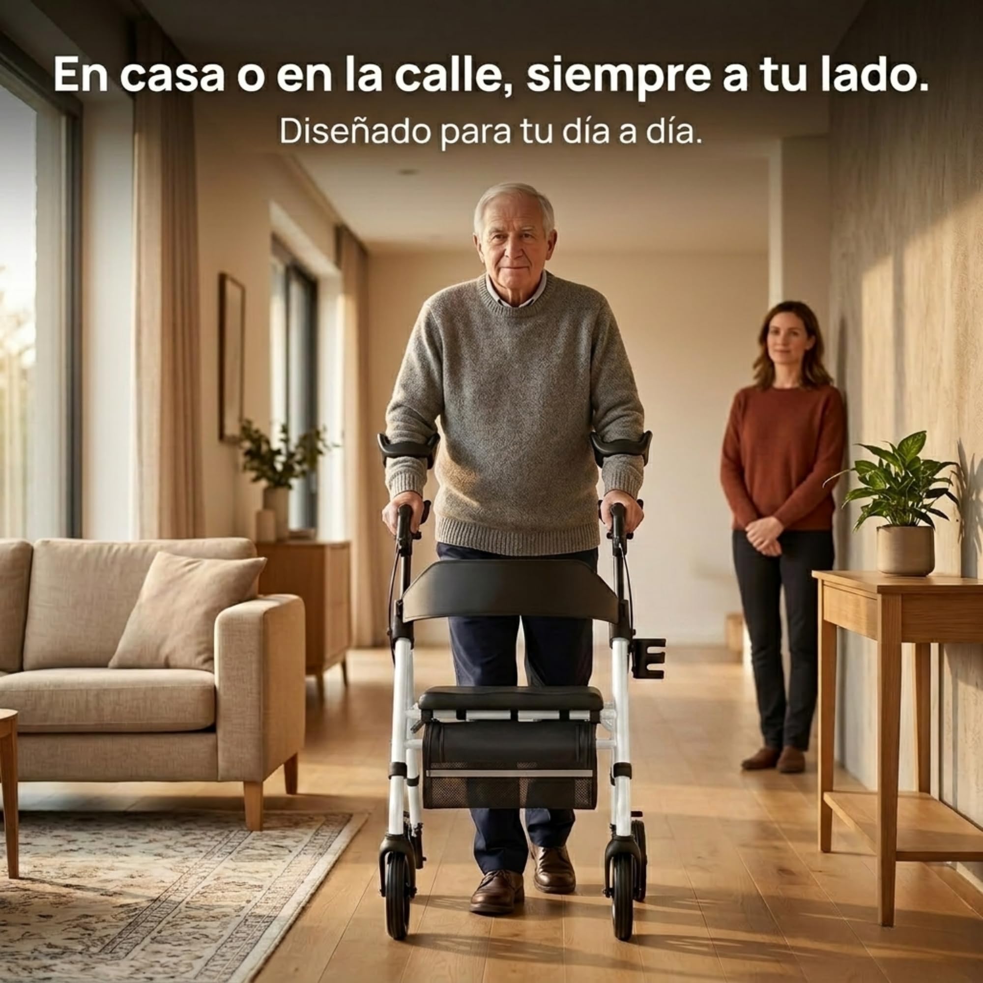 Andador para Ancianos Plegable con Asiento Acolchado, Frenos de Maneta y Cesta – Ligero, Resistente y Seguro con 4 Ruedas Giratorias – Ideal para Personas Mayores, Interior o Exterior