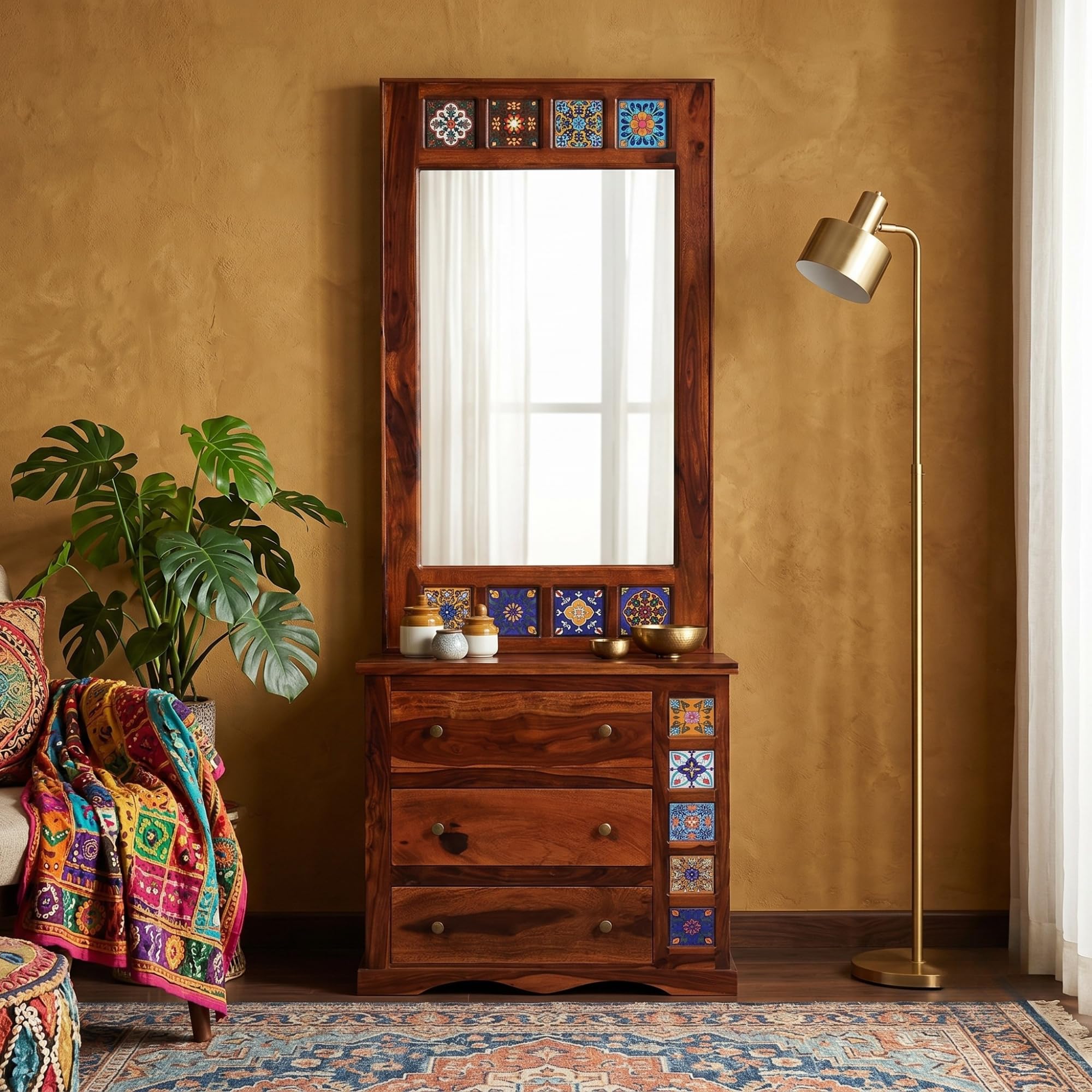 aprodz siramika sheesham wood dressing table with three drawer storage for living room (honey oak finish)