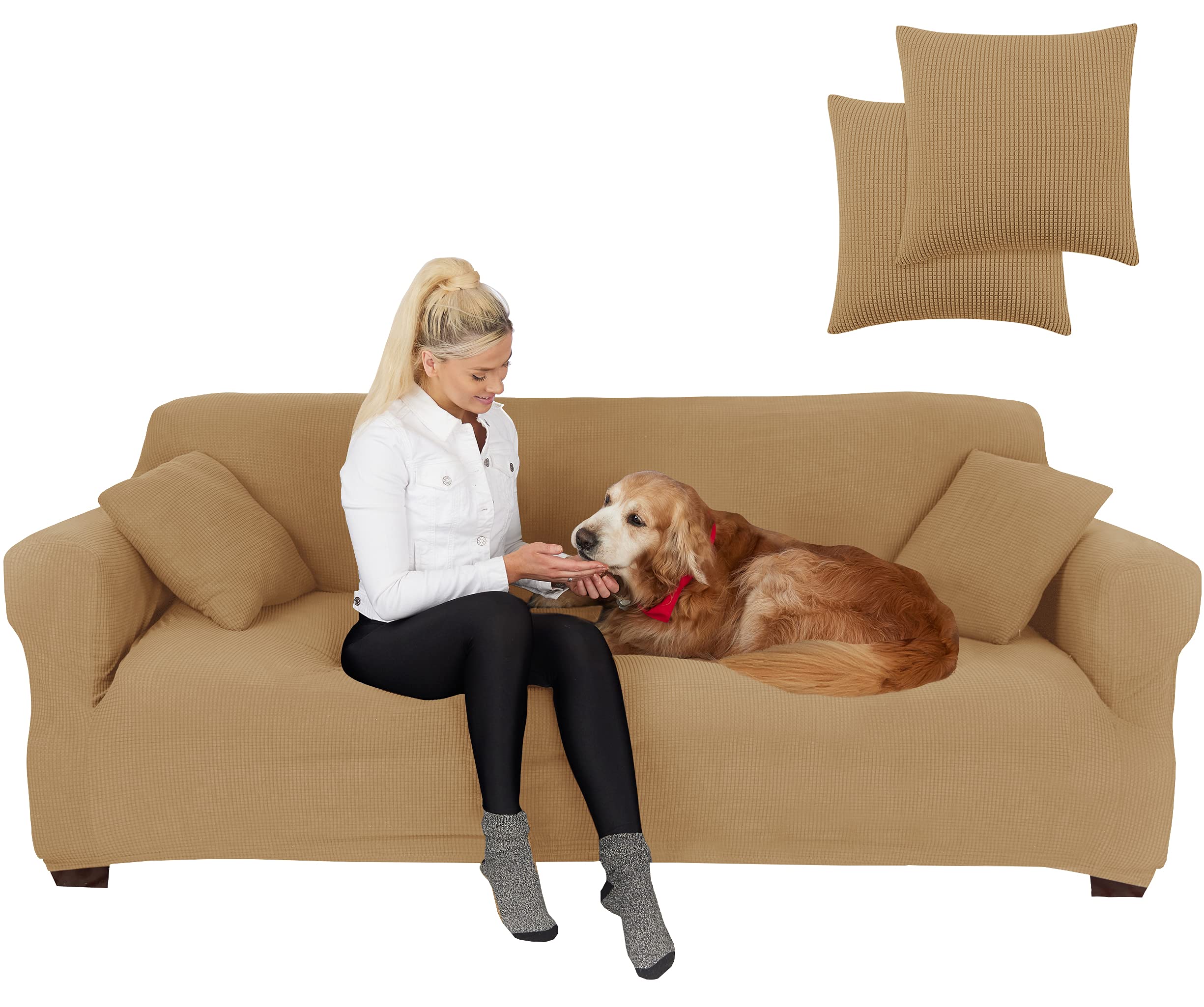 Jinamart Slipcover Stretch Elastic Couch Cover Sofa 3 Seat, 1-Piece (Sand, Large)