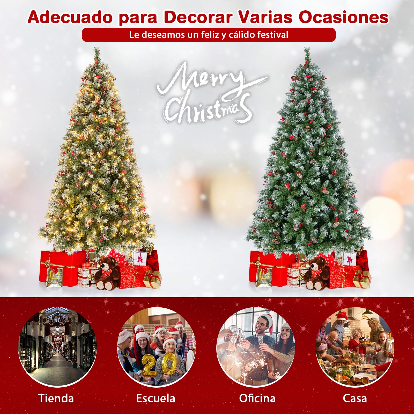 COSTWAY Árbol de Navidad con Luces Incorporadas 195cm, 420 Luces LED Blancas Cálidas, 8 Modos, Arbol de Navidad Decorado, Nieve, 69 Pinos, 207 Bayas Rojas, 909 Ramas de PVC (195cm)