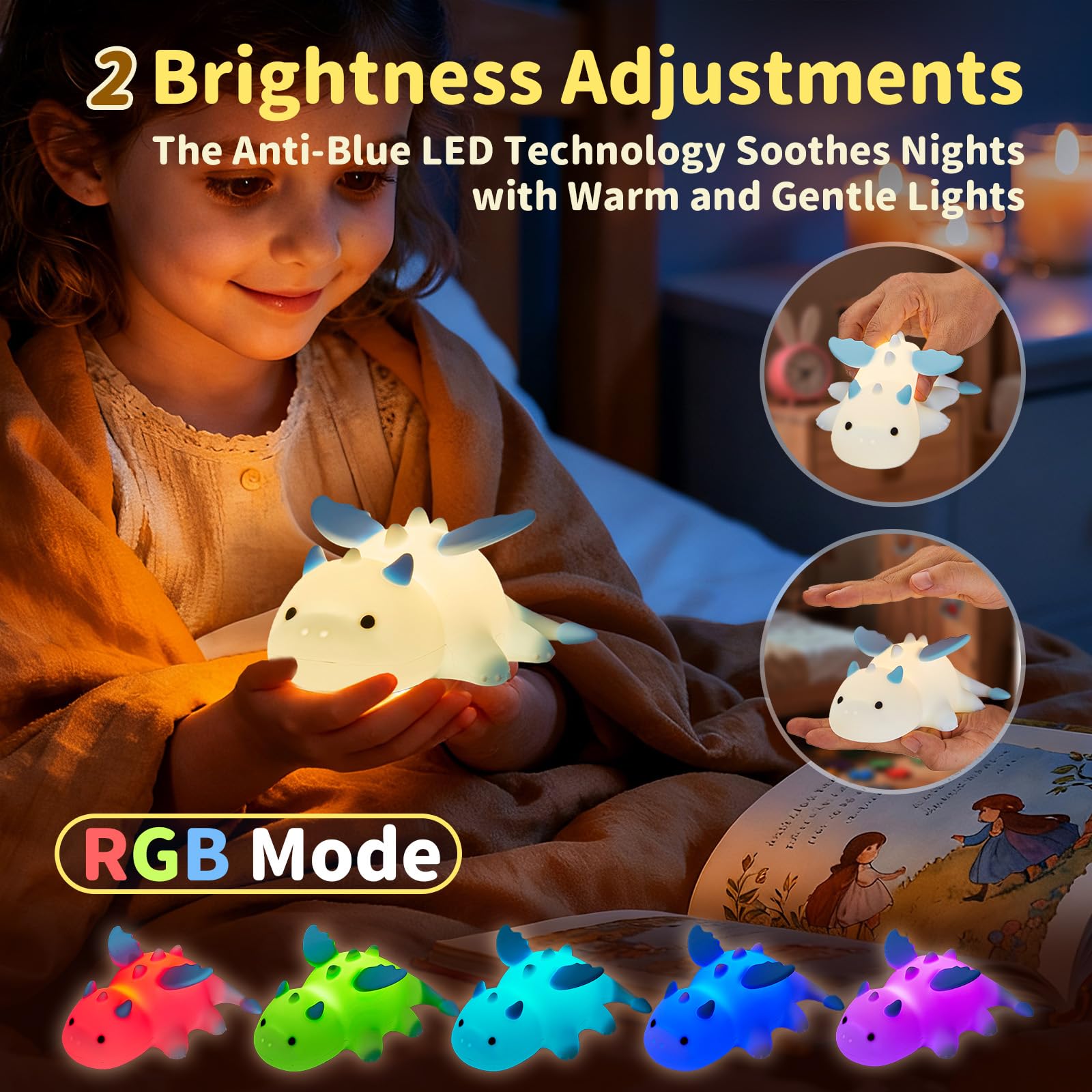 Dinosaurier-Lampe blau für Kinderzimmer, Pat Control Dragon Light zum Stillen, Silikon-Nachtlicht für Kinderzimmer, Nachttischlampe, wiederaufladbares Pat-Licht mit RGB-Modus für Schlafzimmer