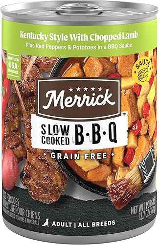 Merrick - Comida húmeda sin cereales para perros, barbacoa cocida a fuego lento estilo Kentucky con cordero picado, 12.7 onzas (paquete de 12)