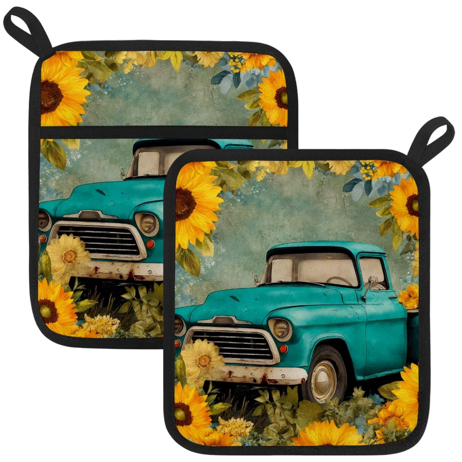 VAPOKF Sunflower Truck Kitchen Hot Pot Holder, Pot Holders Heat Resistant Pot Holder with Pocket Heat Resistant Trivets for Hot Pans Cotton Pot Mitts for Kitchen Cooking Baking