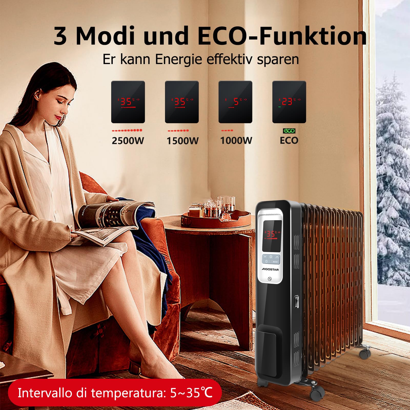 Aigostar Oil Monster 33JHH - 2500W Ölradiator Energiesparender, LCD Elektro Heizkörper mit 13 Rippen,4 Heizstufen,Thermostat, Fernbedienung,Überhitzungsschutz, Elektroradiator Elektro Heizung