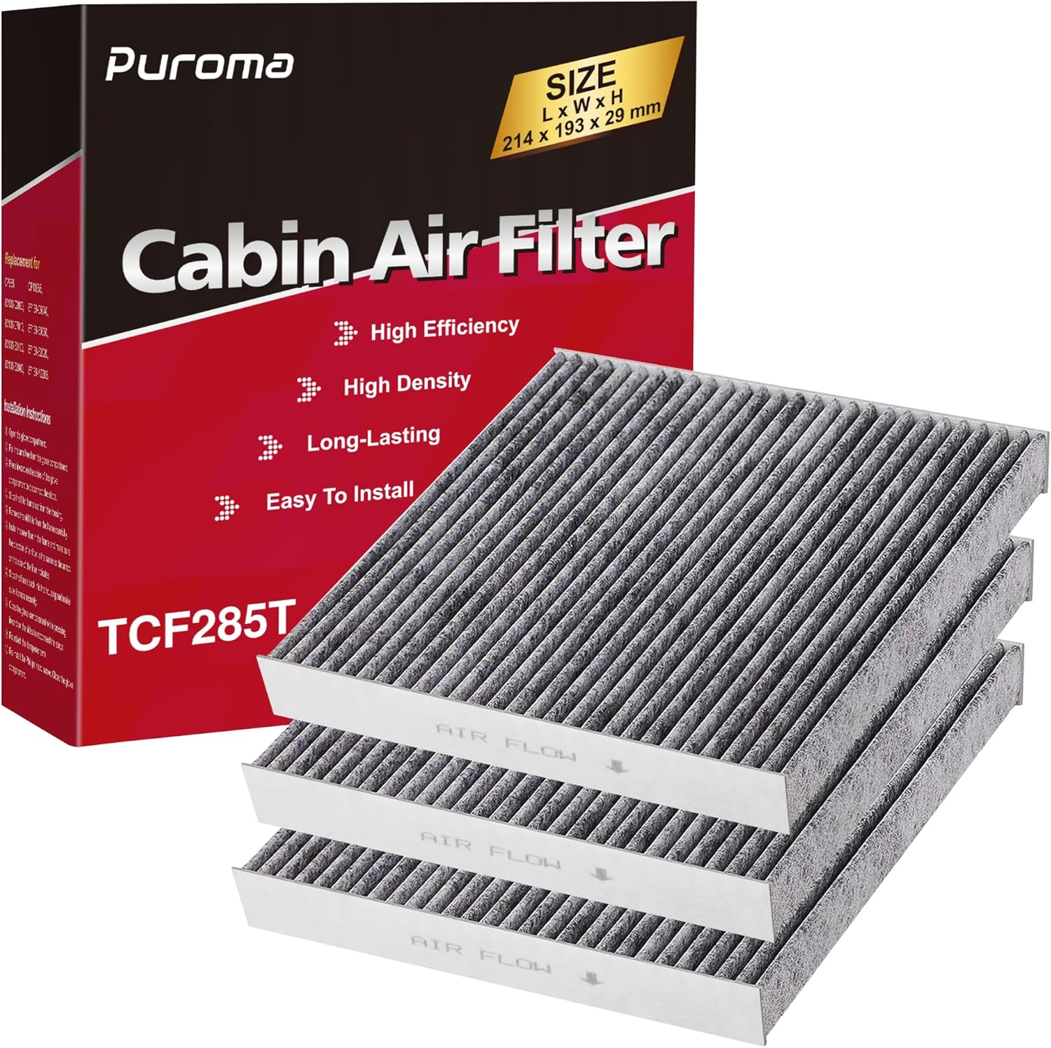 Puroma Cabin Air Filter with Activated Carbon, Replacement for CP285, CF10285, Toyota Camry, RAV4, Highlander, Corolla, 4Runner, Tundra, Prius, Sienna, Lexus, Scion, Subaru, Jaguar (3 pcs)