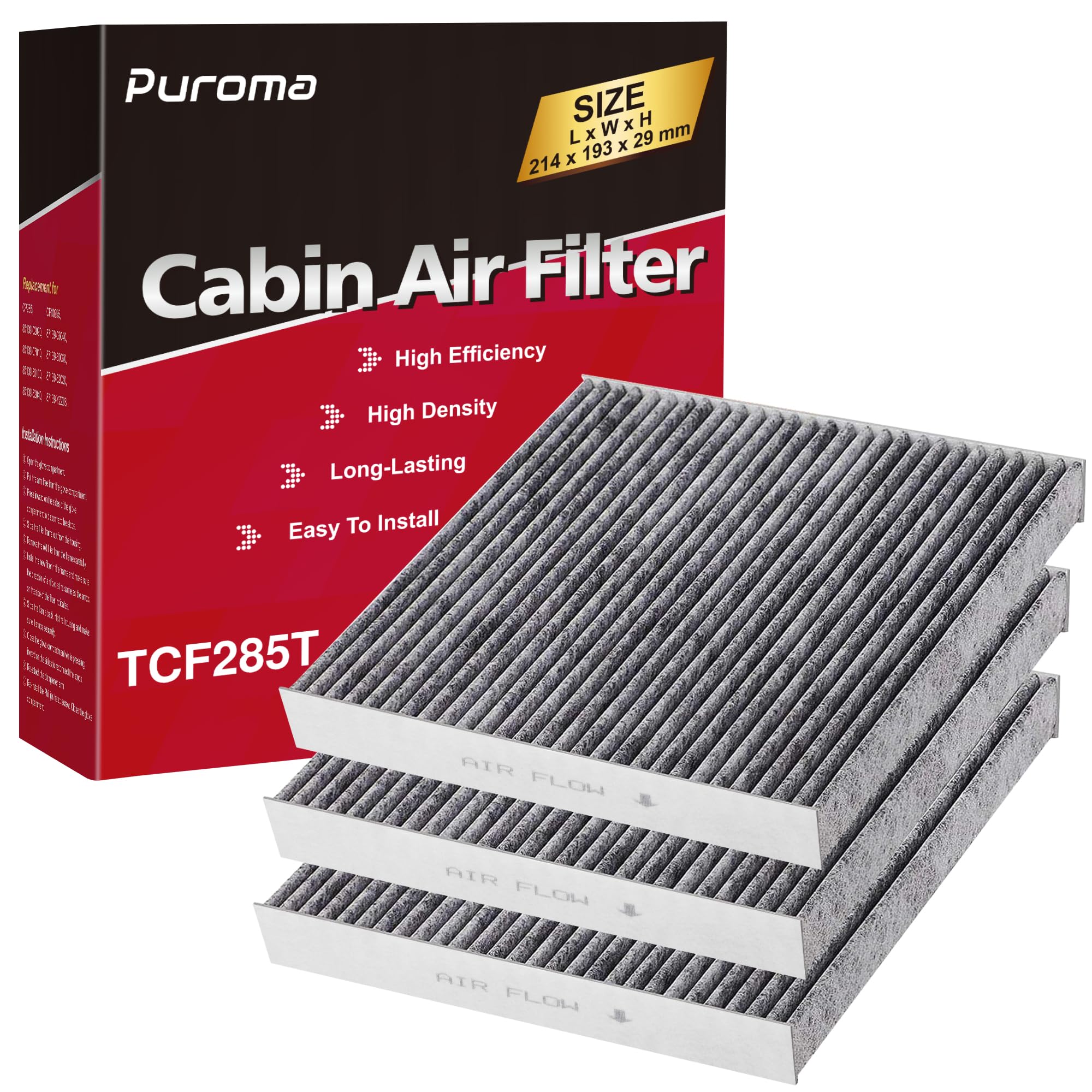 Puroma Cabin Air Filter with Activated Carbon, Replacement for CP285, CF10285, Toyota Camry, RAV4, Highlander, Corolla, 4Runner, Tundra, Prius, Sienna, Lexus, Scion, Subaru, Jaguar (3 pcs)