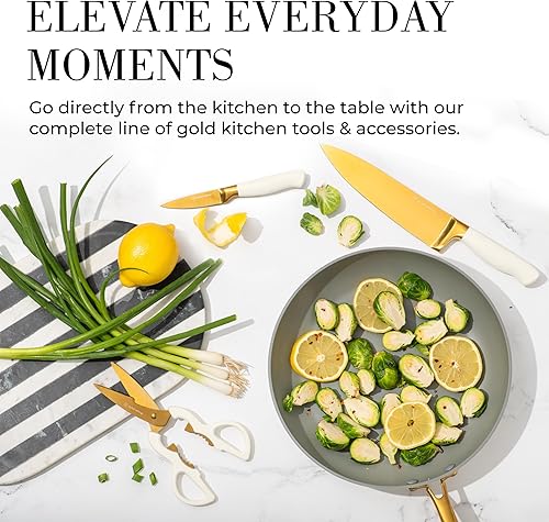 Miniatura 5 de Juego de cuchillos blancos y dorados con bloque autoafilable – 14 cuchillos de cocina con revestimiento de titanio dorado y blanco con bloque de