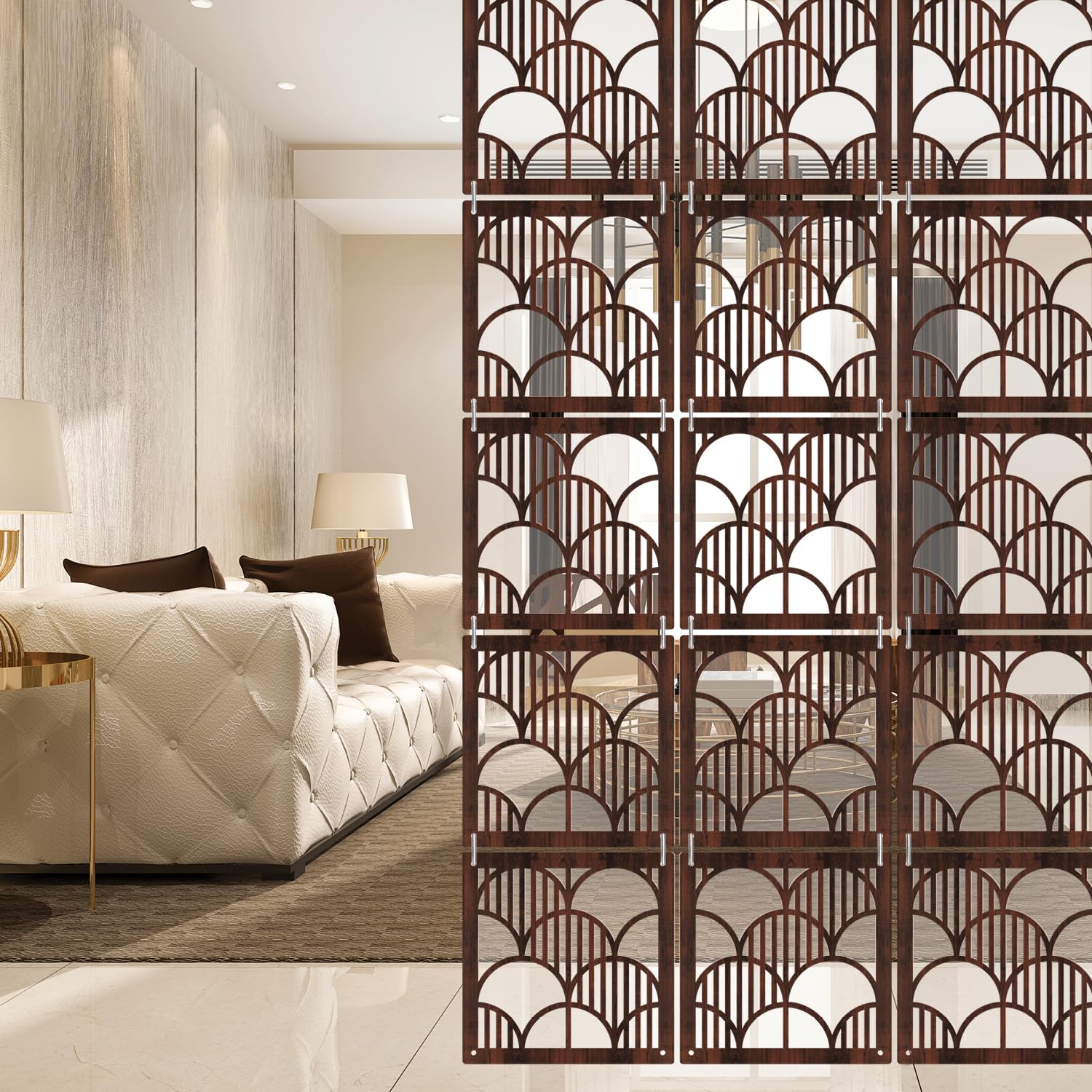RANDOM Geometric Pattern Wood Room Divider, Brown, 12 Panels, 11.5x11.5 Inch Each, Ceiling Mount Installation, Office and Living Room Partition Screen with Mounting Hardware-image-48